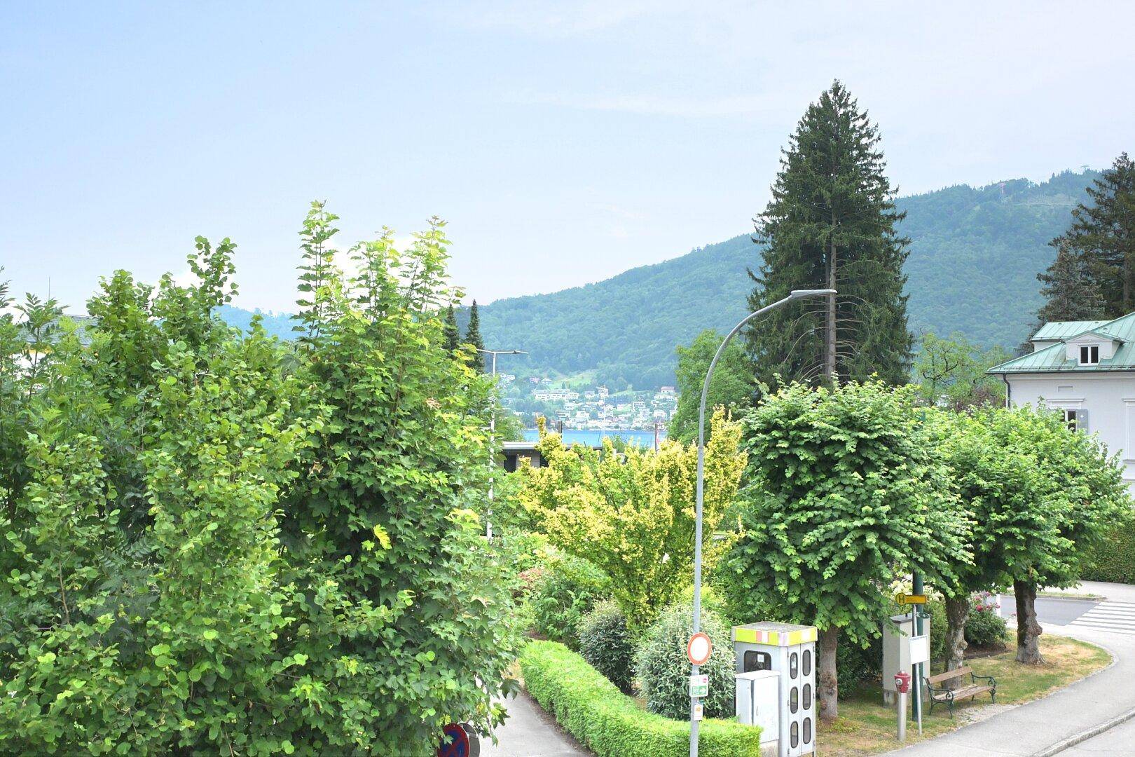 Panoramablick auf die grüne Umgebung mit See und Bergen im Hintergrund.