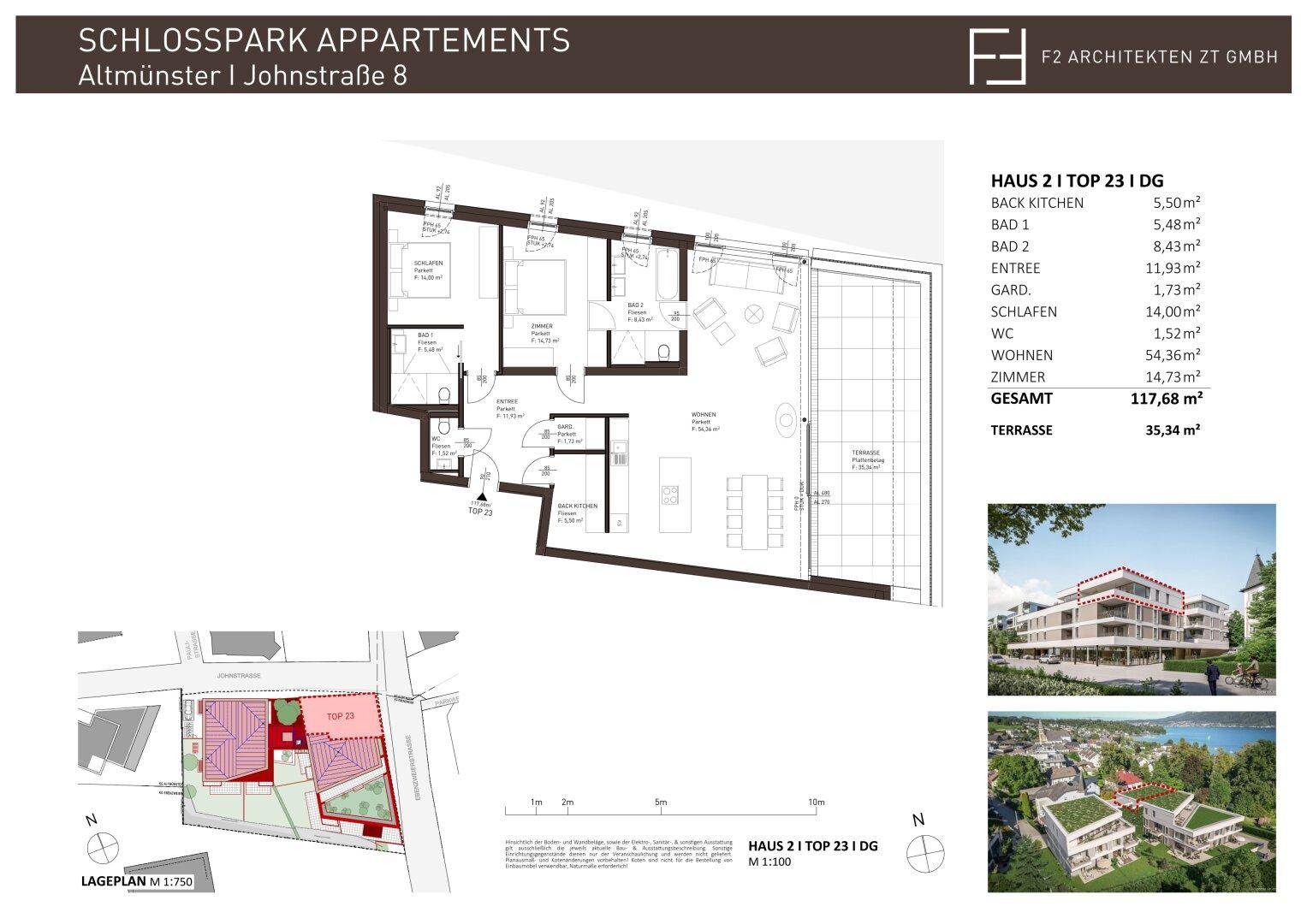 Grundriss einer Wohnung mit drei Schlafzimmern, offenem Wohnbereich und großer Terrasse.