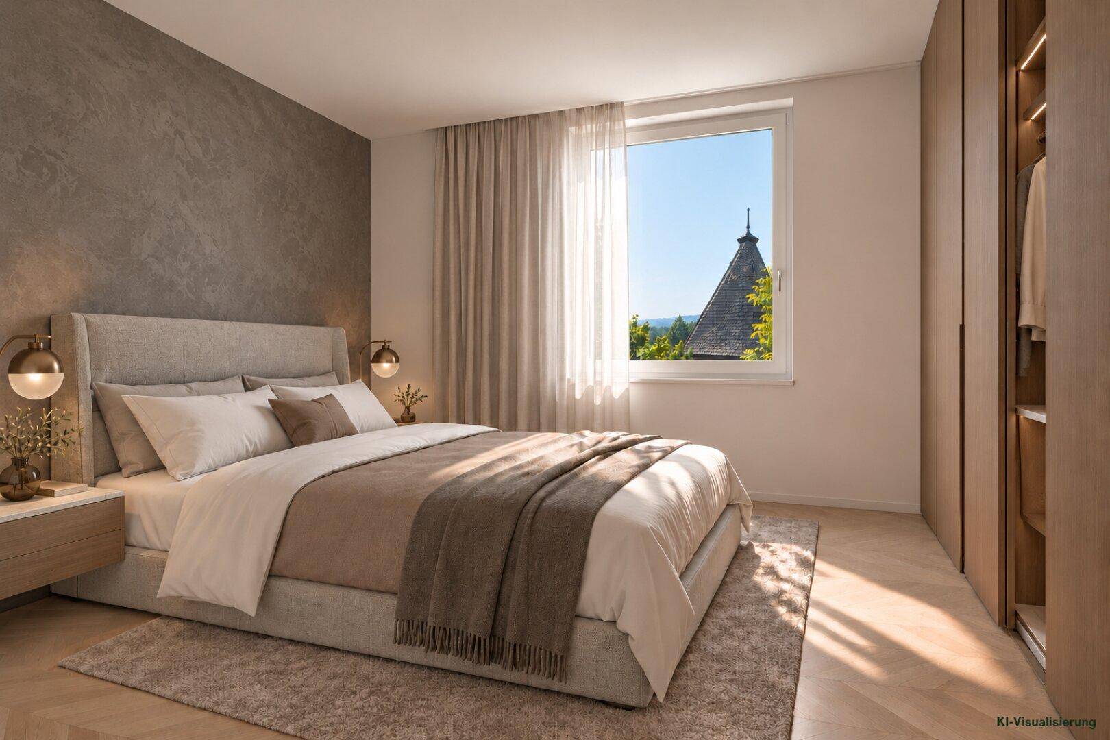 Helles Schlafzimmer mit komfortablem Bett, Holzboden und Ausblick auf die grüne Umgebung.