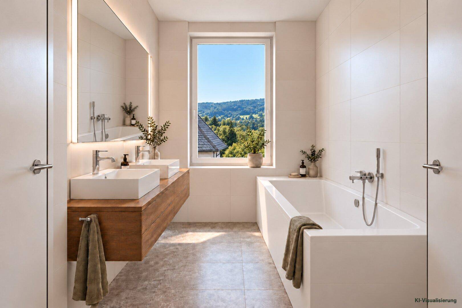 Elegantes Badezimmer mit Doppelwaschbecken, Badewanne und Fenster mit Weitblick.