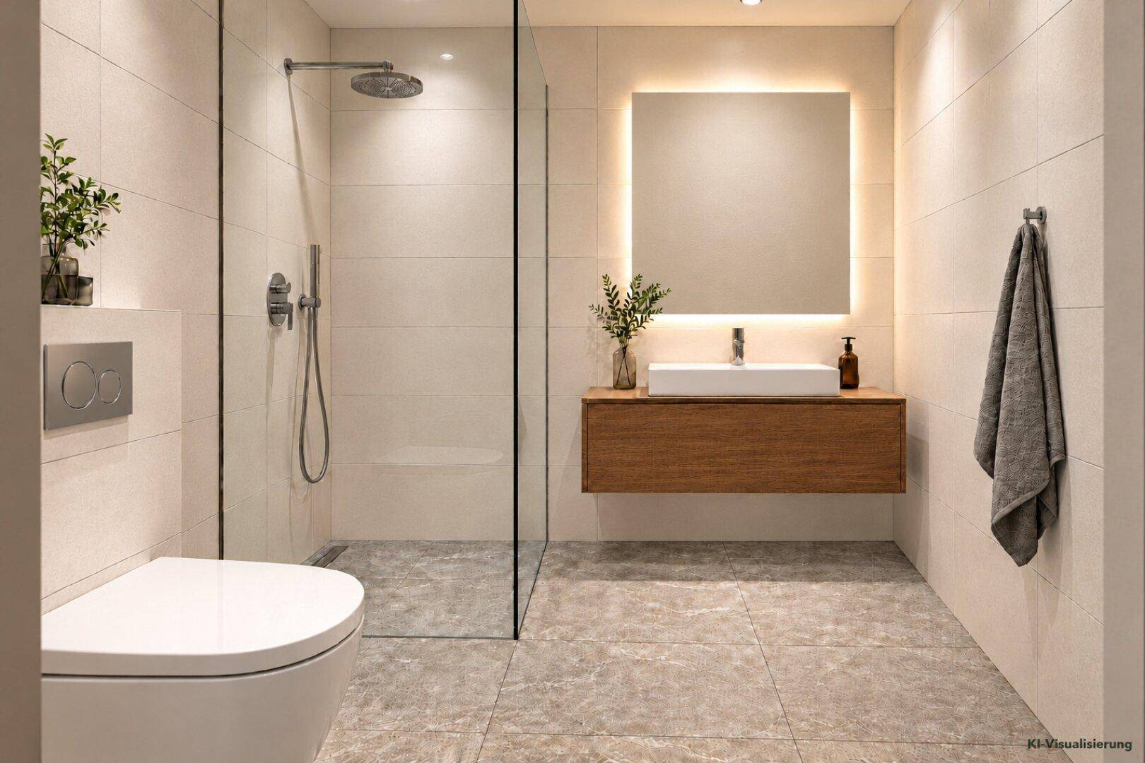 Modernes Badezimmer mit bodengleicher Dusche, Wand-WC und schwebendem Waschtisch.
