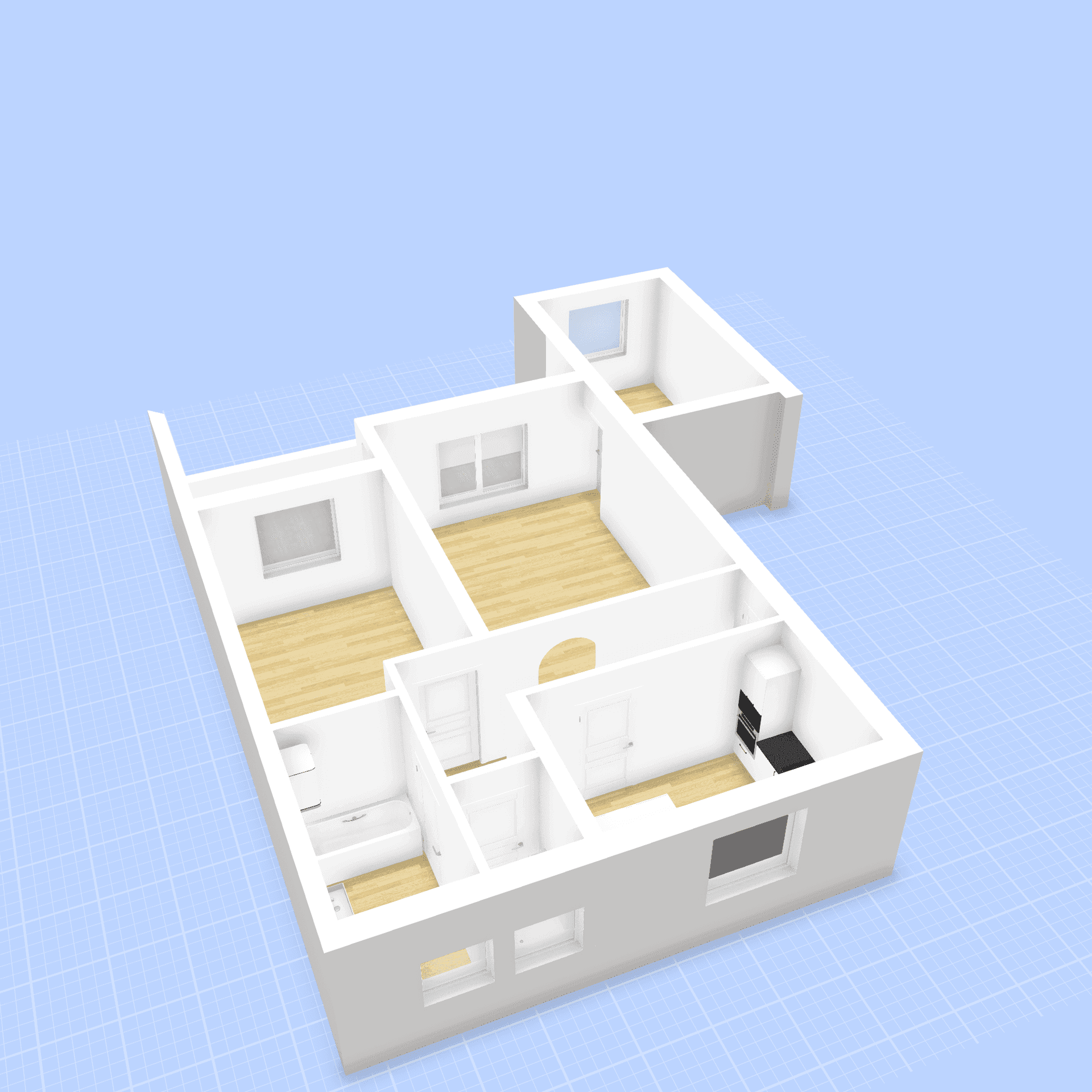 3D-Grundrissansicht einer Wohnung mit mehreren Zimmern und unterschiedlichen Bodenbelägen.