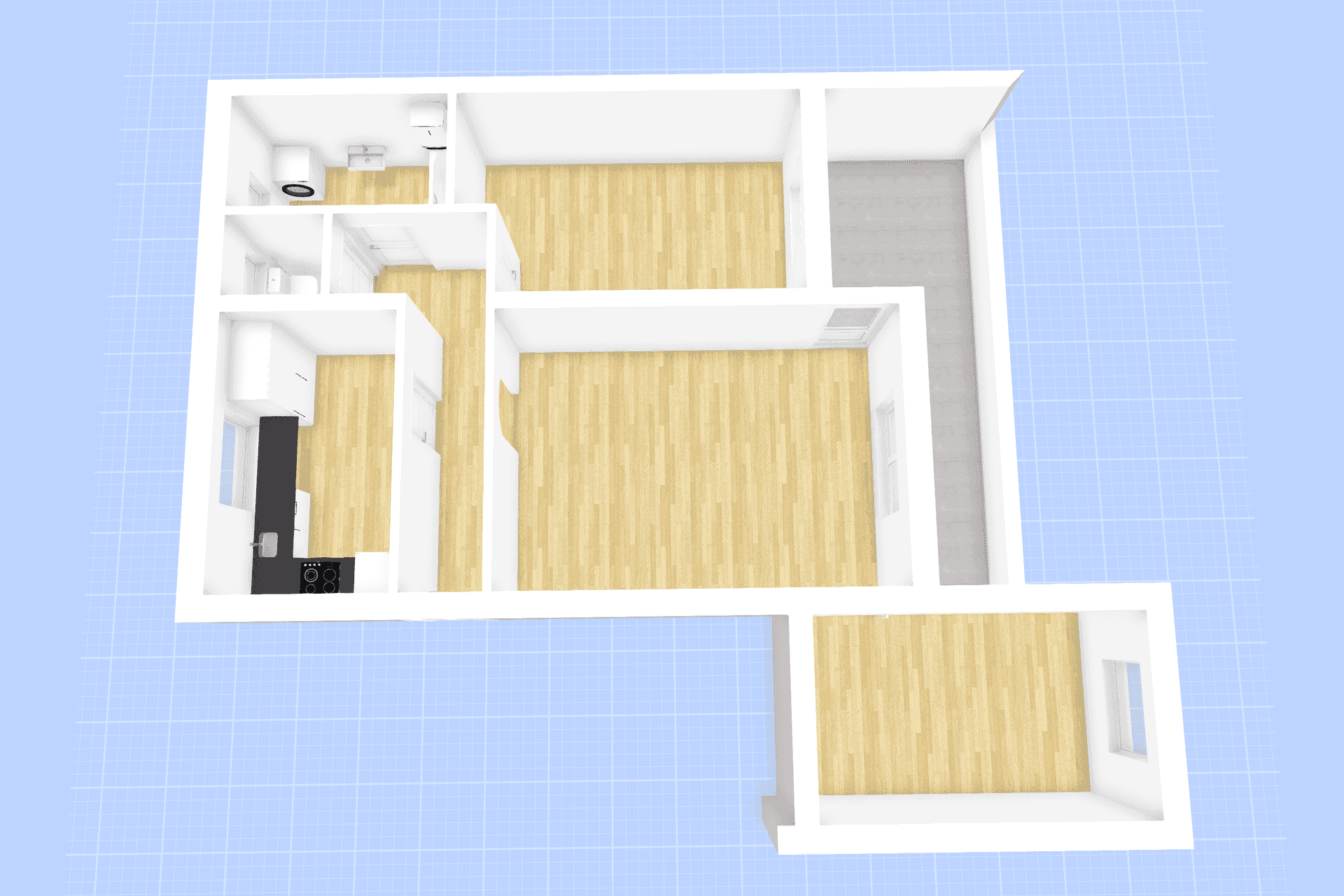 Übersichtlicher 3D-Grundriss einer Wohnung mit Küche, Bad und angrenzenden Wohnbereichen.