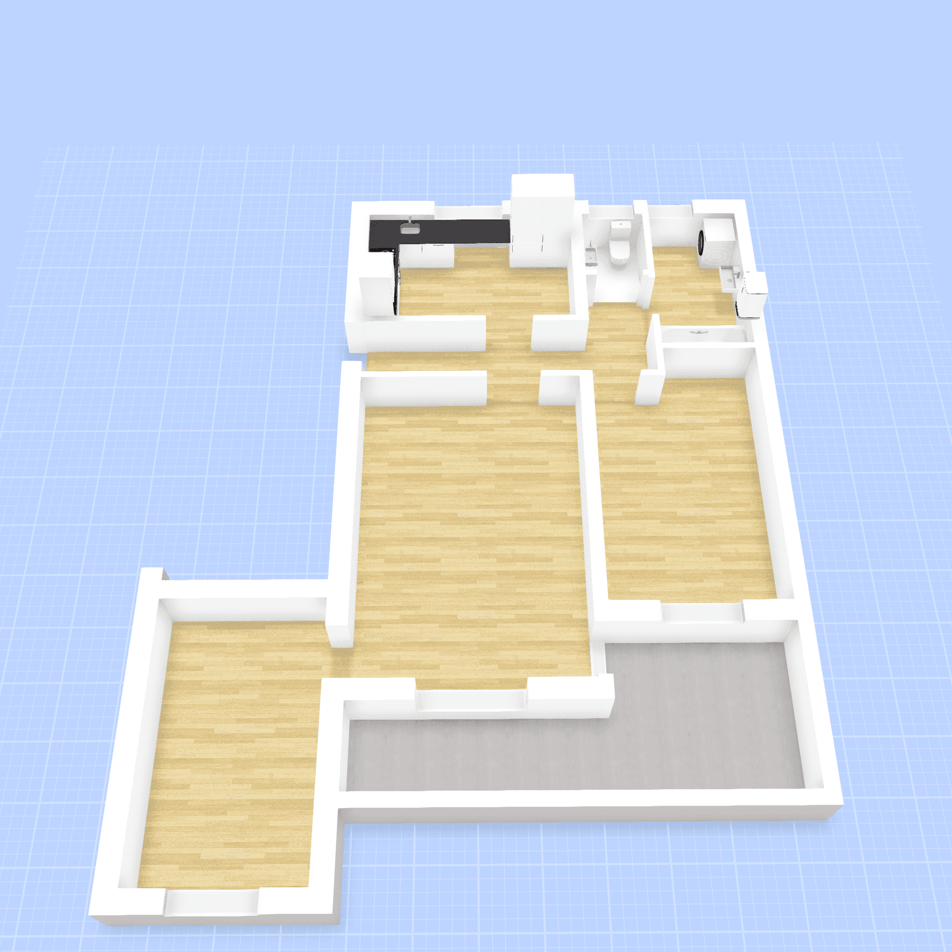 Draufsicht eines 3D-Grundrisses, der die Raumaufteilung mit Küche, Bad und Wohnbereichen darstellt.