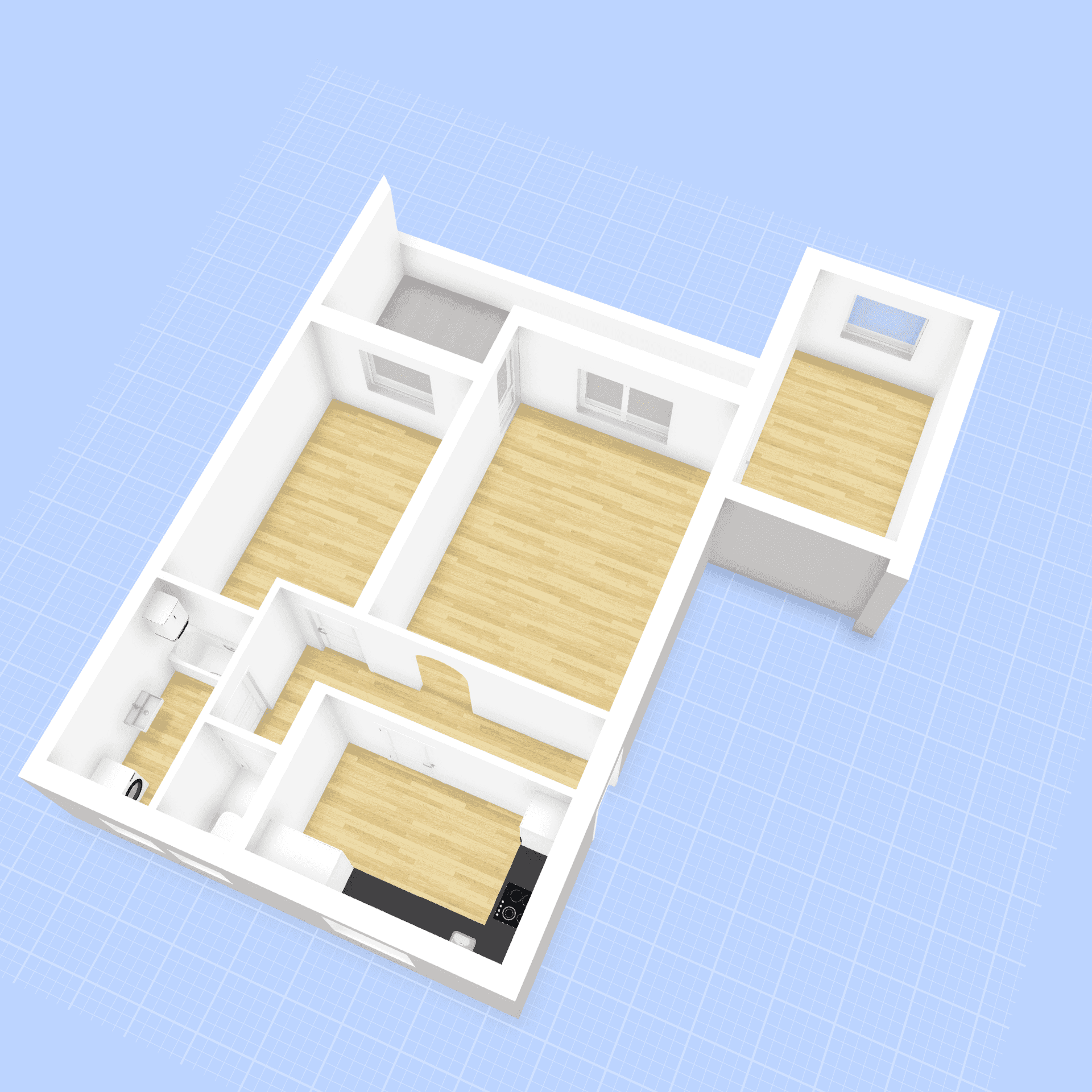 Perspektivischer 3D-Grundriss einer Wohnung mit offener Küche und mehreren Zimmern.