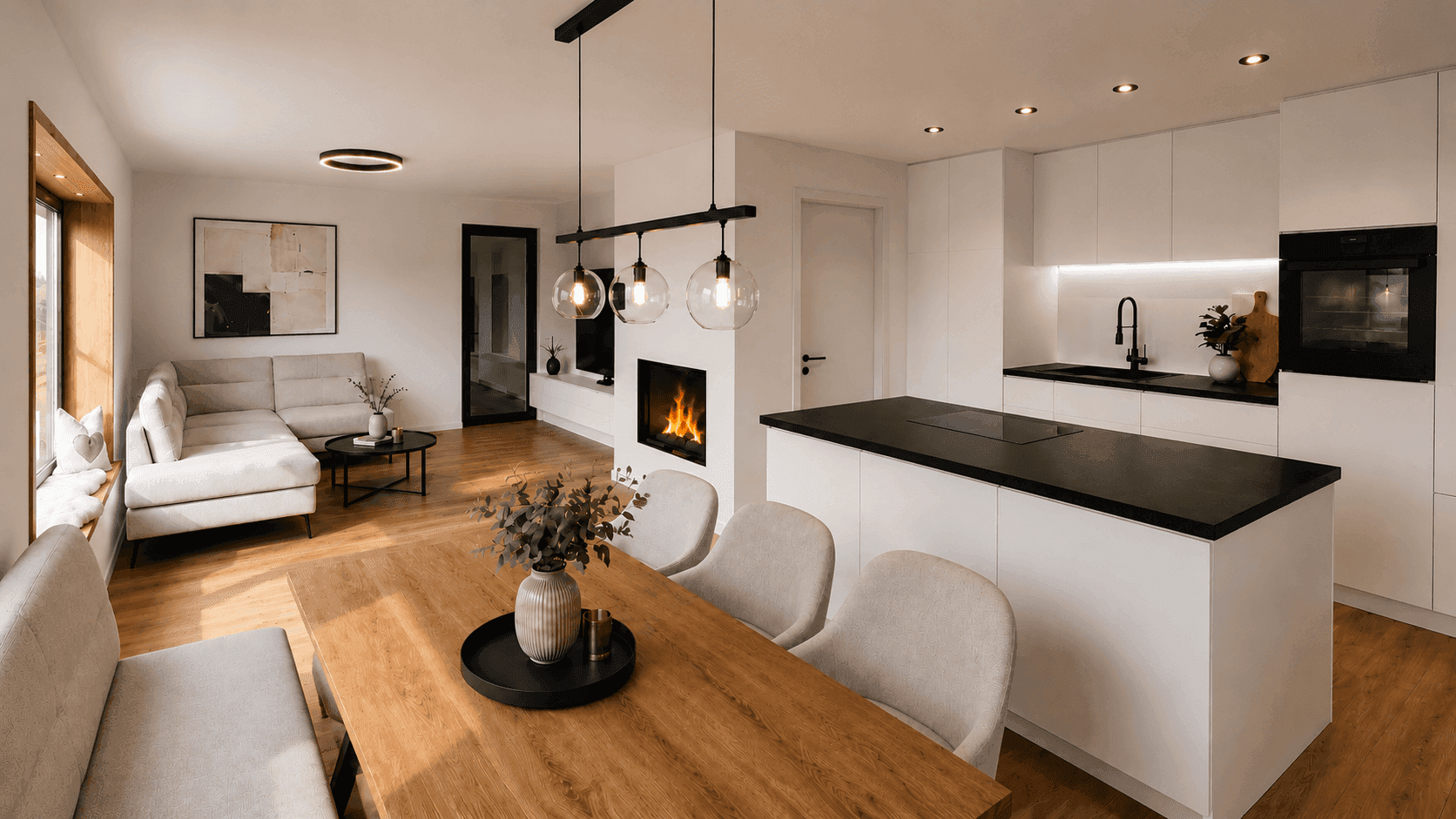 Moderne offene Küche mit Kochinsel und Essbereich, nahtlos verbunden mit dem Wohnzimmer.