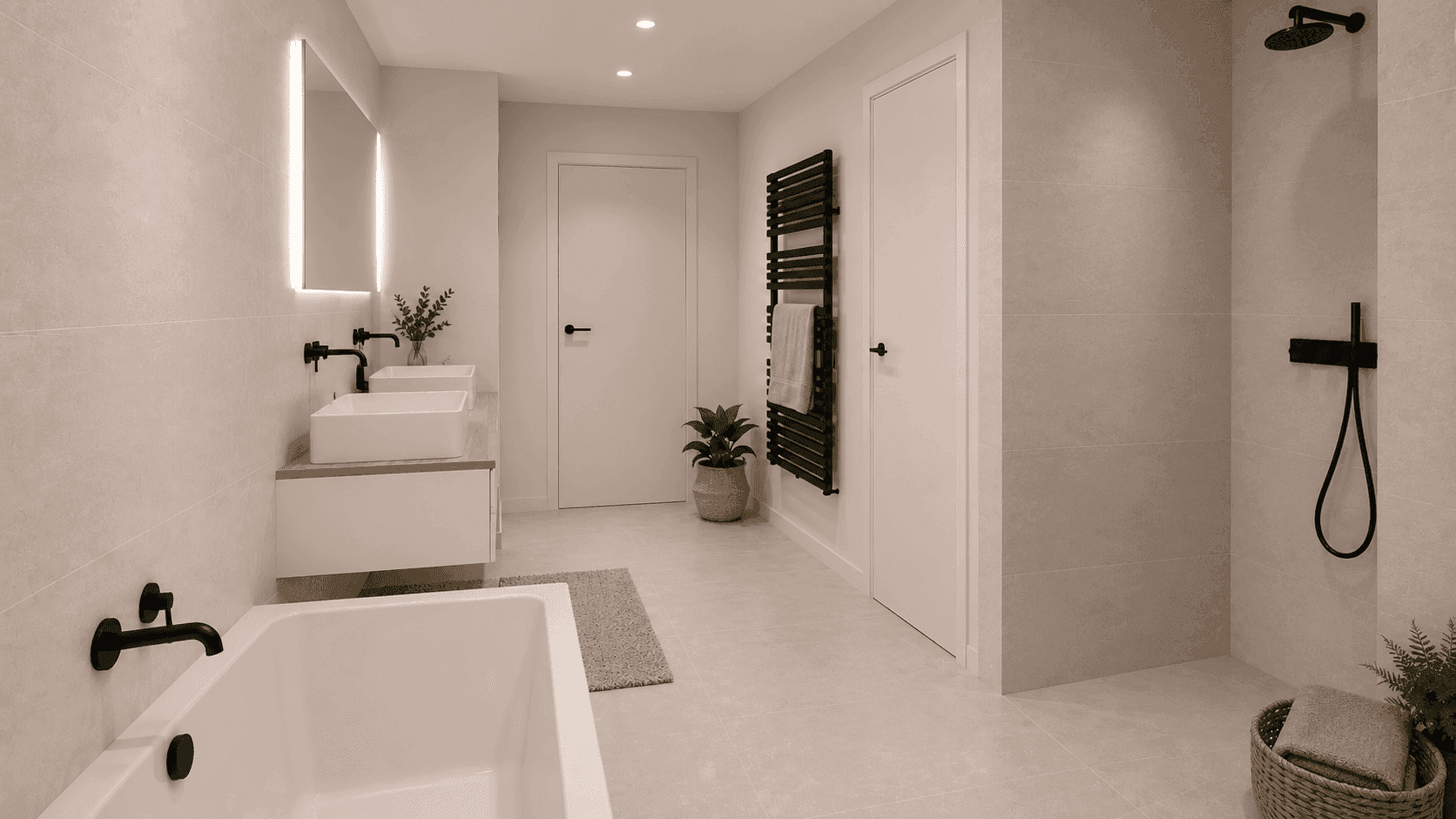 Modernes Badezimmer mit Doppelwaschbecken, Badewanne, begehbarer Dusche und dunklen Armaturen.