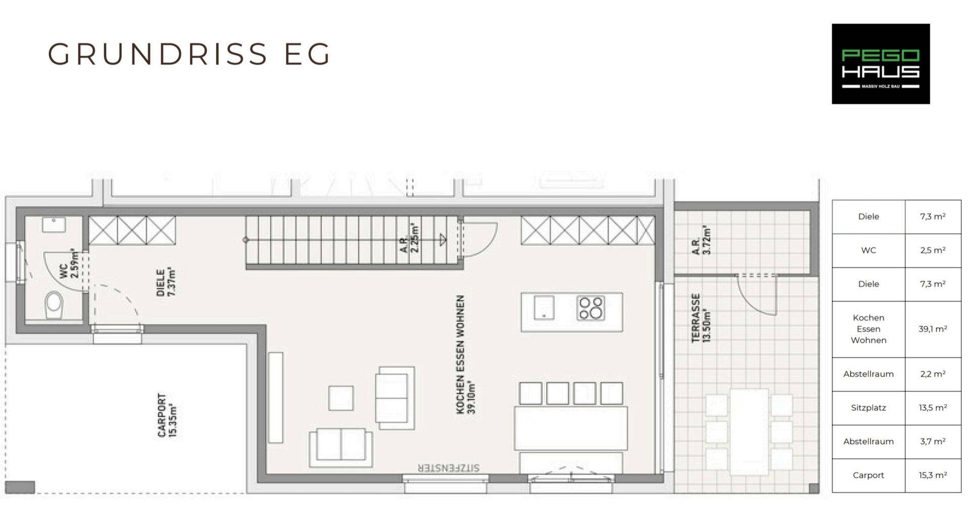 Grundriss des Erdgeschosses mit offenem Wohn-Essbereich, Küche, Terrasse und Carport.