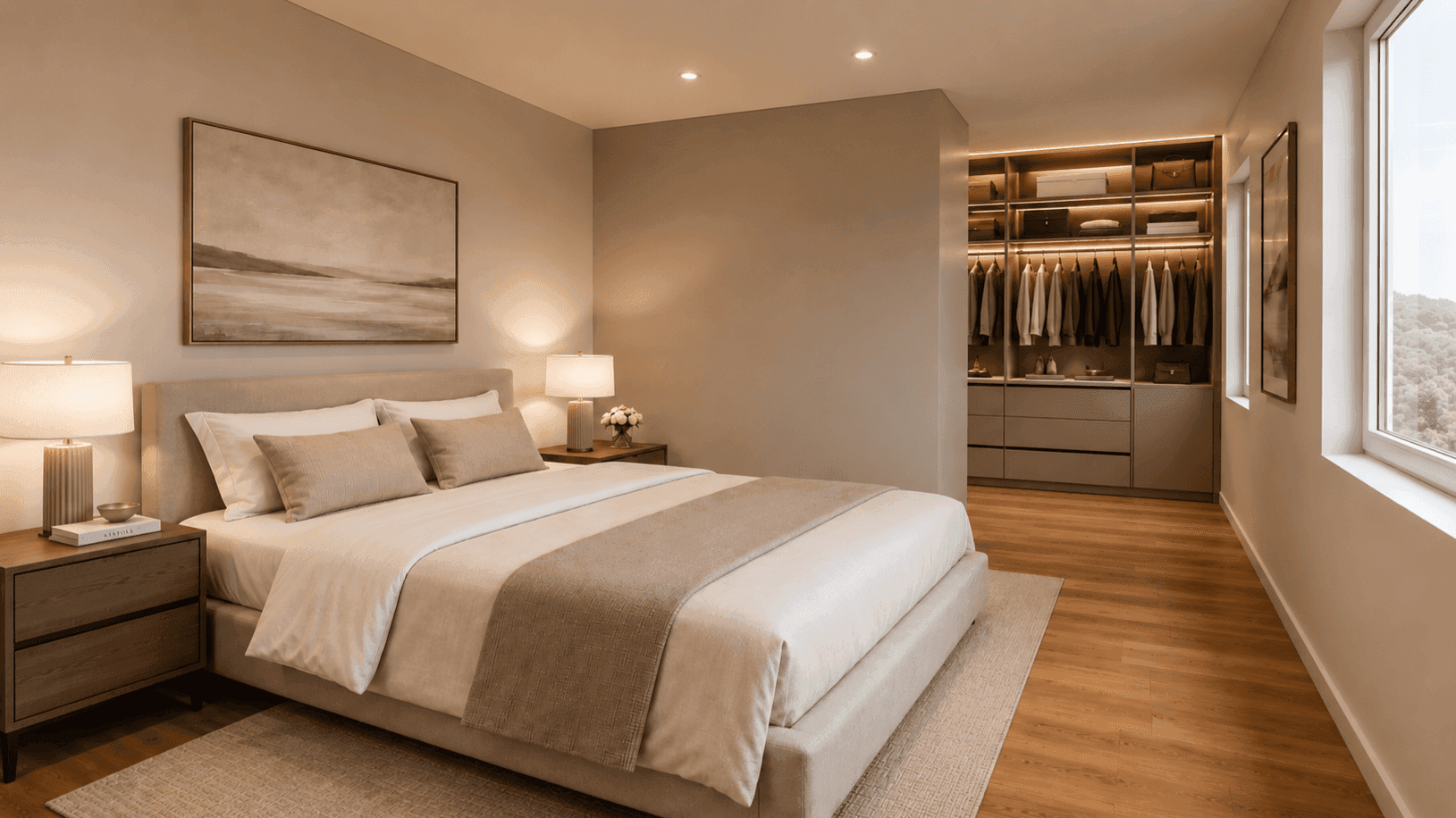 Geräumiges Schlafzimmer mit großem Bett, Holzboden und integriertem Ankleidebereich mit Fenster.