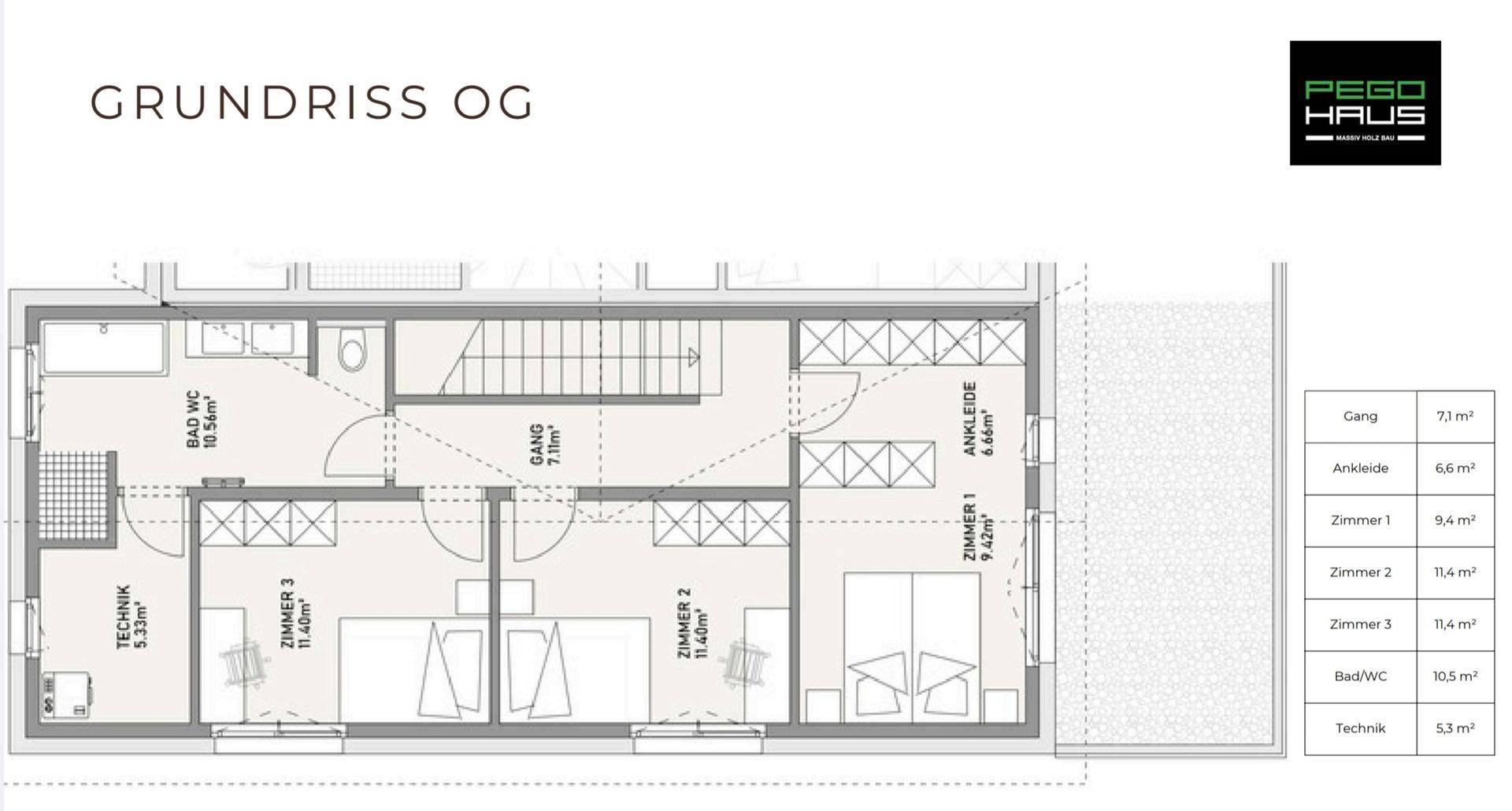 Grundriss des Obergeschosses mit drei Schlafzimmern, Bad und Ankleidebereich.