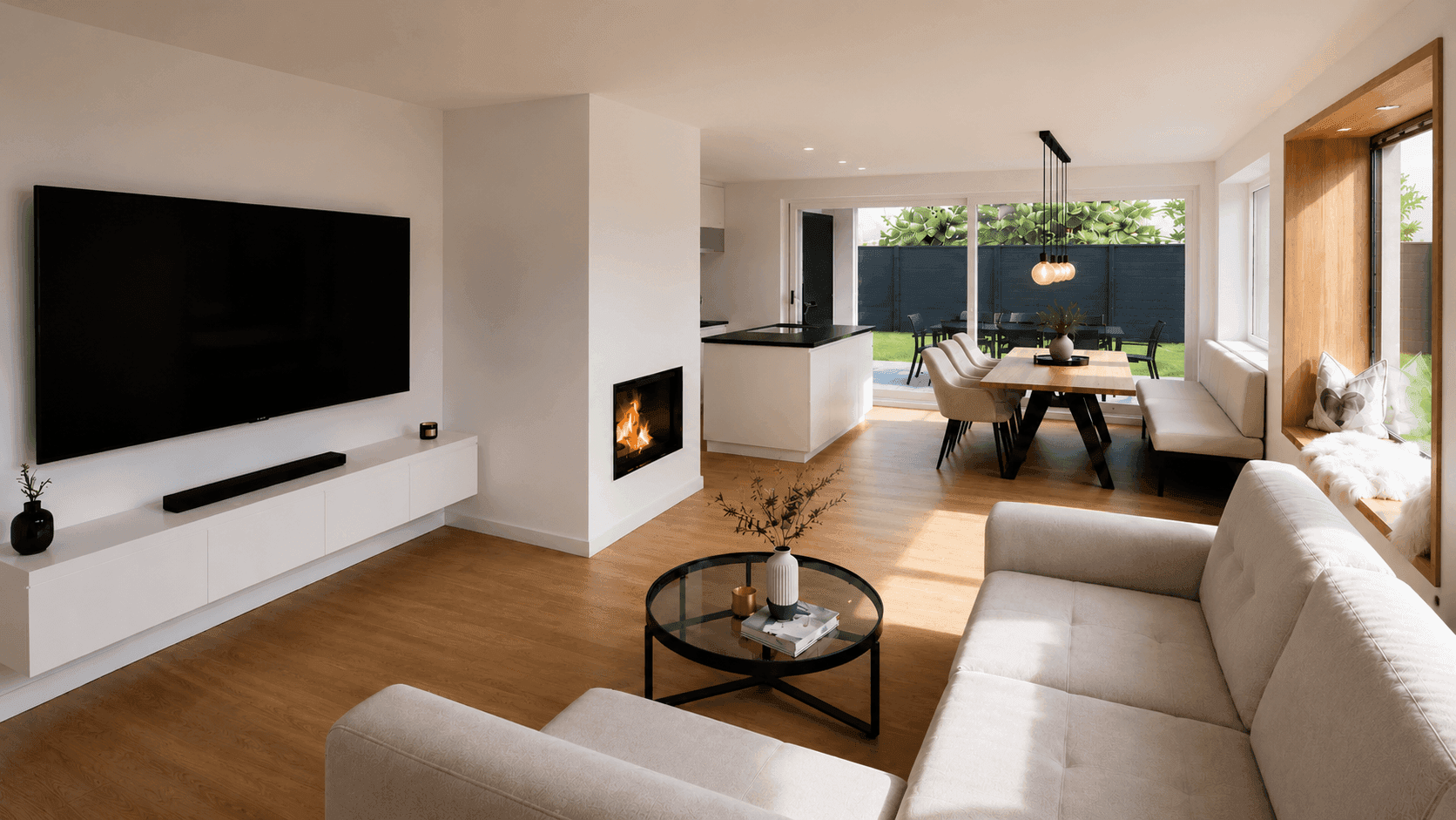 Heller offener Wohn- und Essbereich mit modernem Kamin, Holzboden und Zugang zur Terrasse.