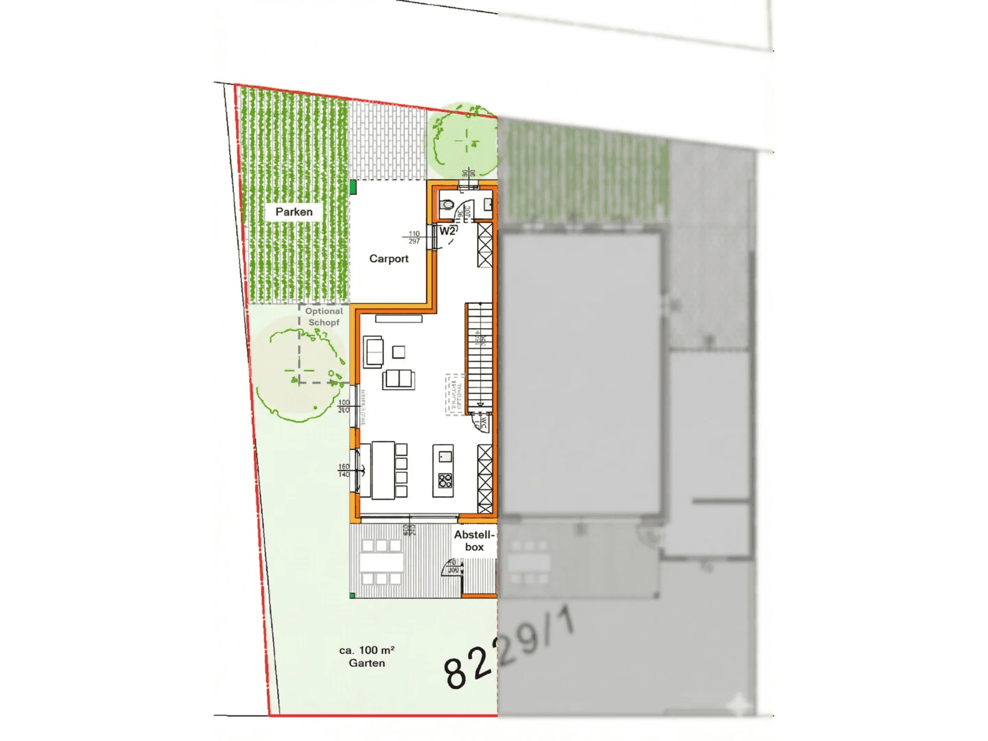 Lageplan des Grundstücks mit Garten, Carport und praktischer Abstellbox.
