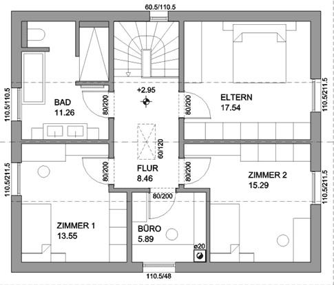 Grundriss des Obergeschosses mit drei Schlafzimmern, Bad und Büro.