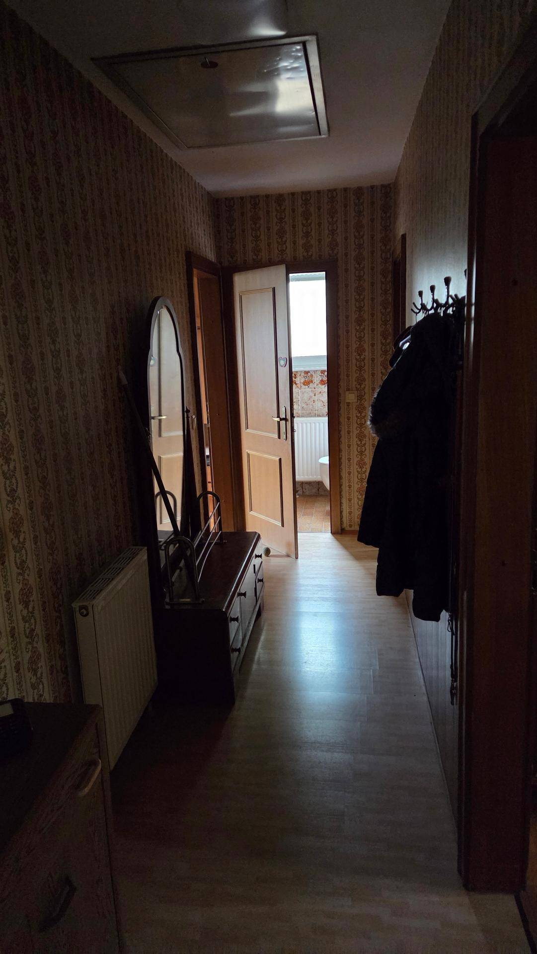 Langer Flur mit Holzfußboden, Garderobe, Spiegel und Zugang zu weiteren Räumen.