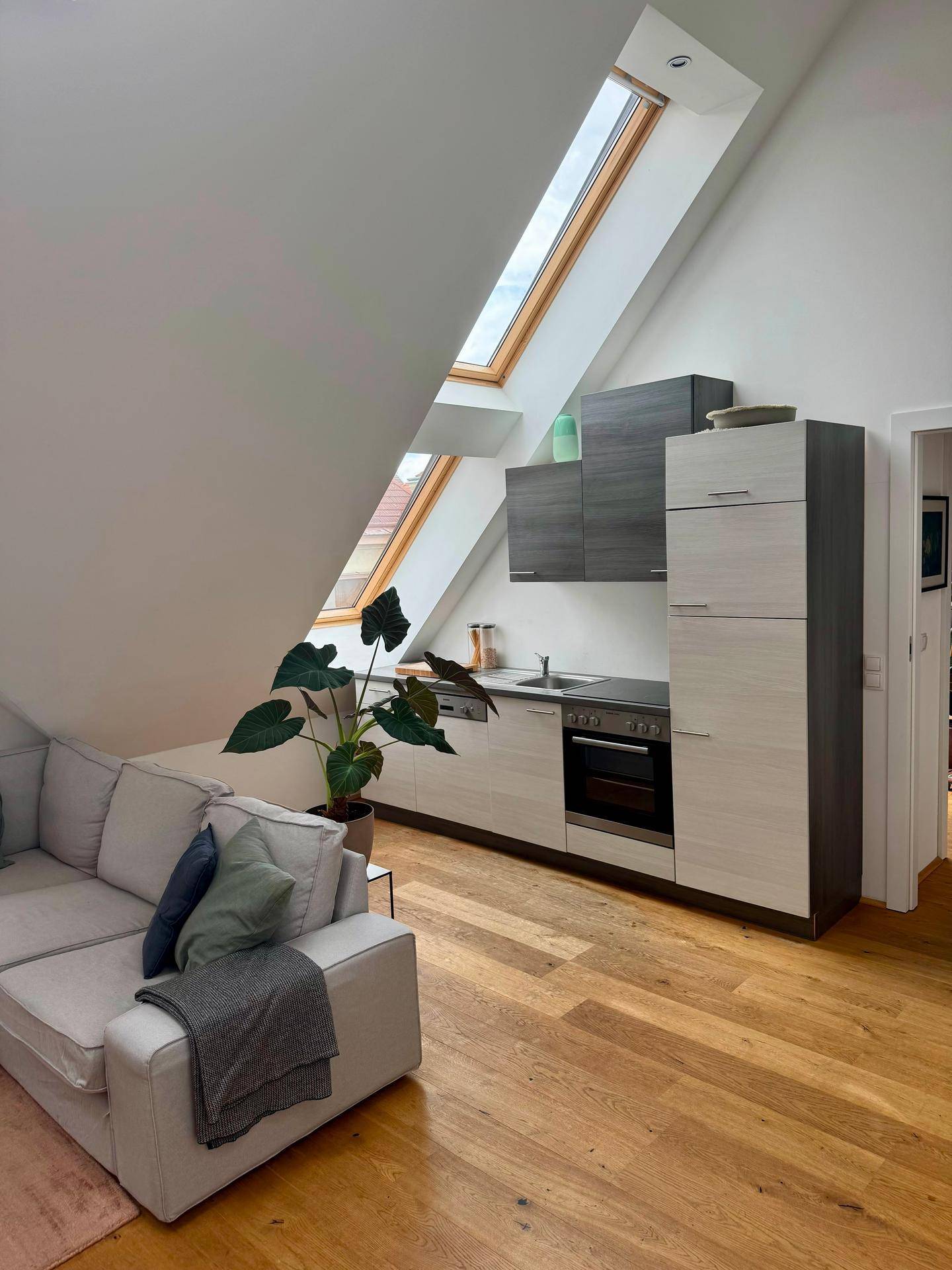 Gemütlicher Wohnbereich mit Sofa, integrierter Küchenzeile und viel Tageslicht durch Dachfenster.