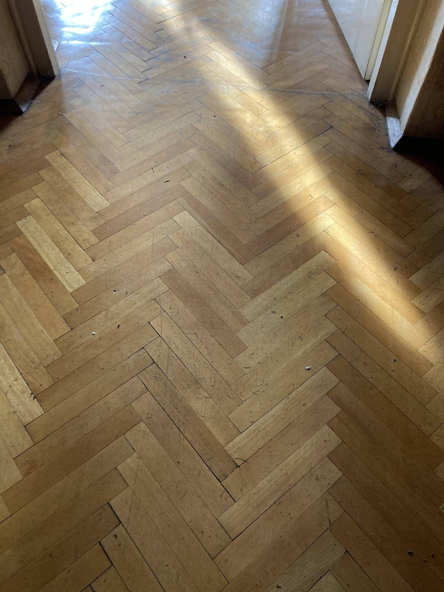 Heller Flur mit klassischem Fischgrätparkett und Sonnenlicht, das durch einen Eingang fällt.