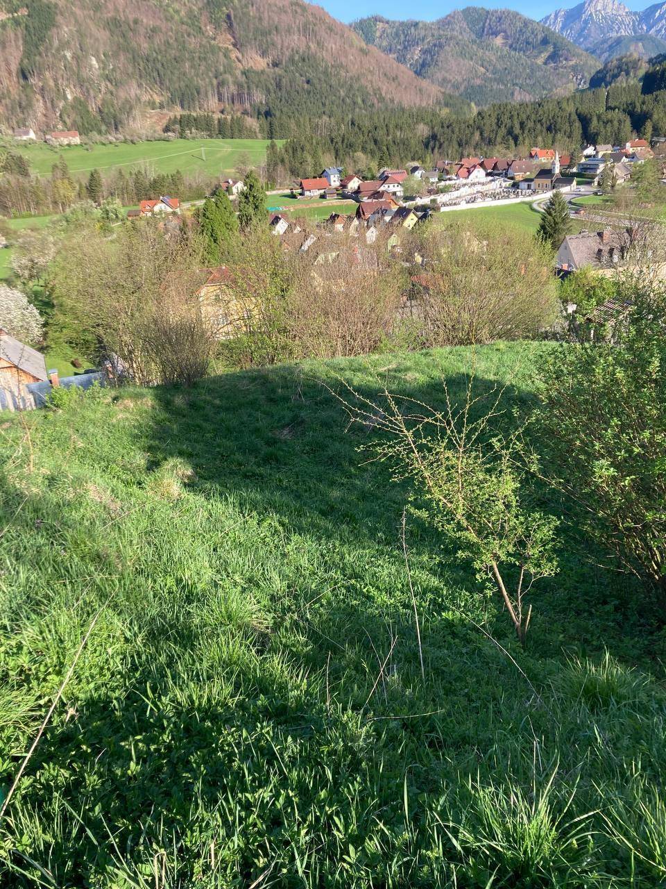 Weitläufige grüne Wiese mit Blick auf ein malerisches Dorf in einem Tal, umgeben von bewaldeten Bergen.