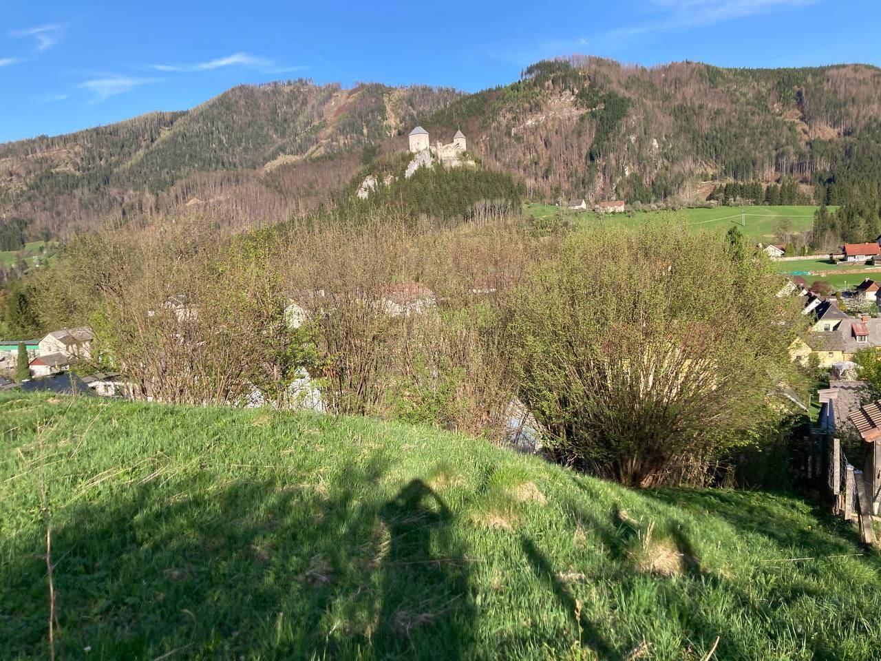 Grüne Hügellandschaft mit Büschen und weitem Blick auf ein Dorf im Tal und eine Burg in den Bergen.