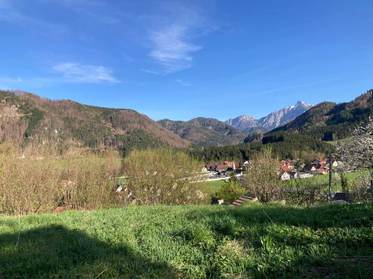 Panoramablick von einer grünen Wiese auf ein idyllisches Tal mit Dorf und majestätischen Bergen unter blauem Himmel.