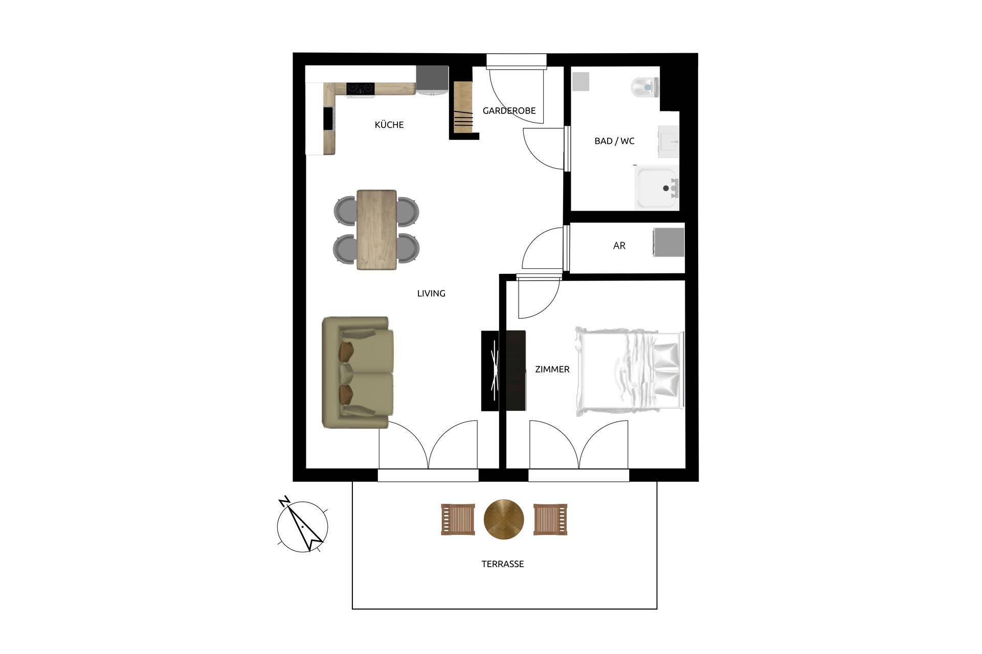 Grundriss einer Wohnung mit Küche, Wohnbereich, Schlafzimmer und Terrasse.