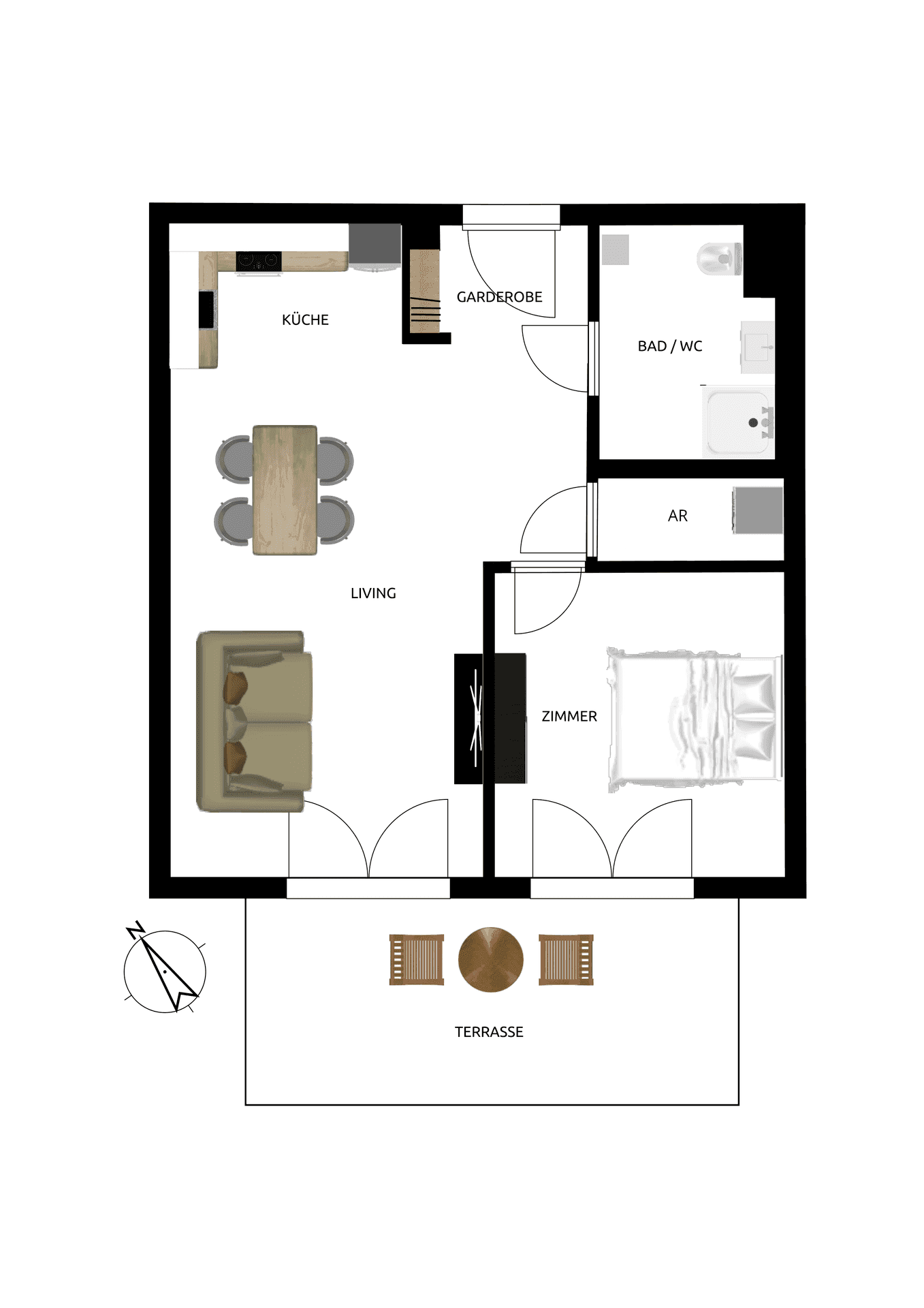Grundriss einer Wohnung mit offener Küche, Wohnbereich, Schlafzimmer und großer Terrasse.