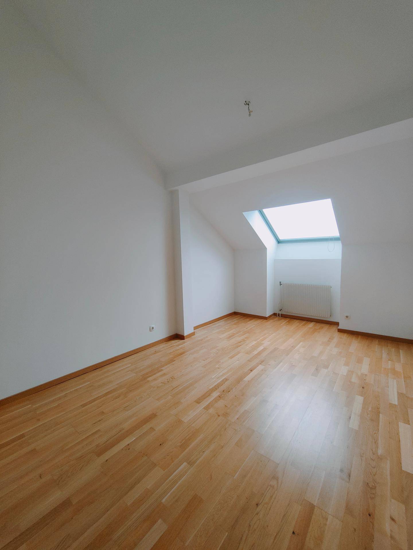 Helles, unmöbliertes Zimmer mit Holzboden und einem großen Dachfenster, das den Raum mit Licht füllt.