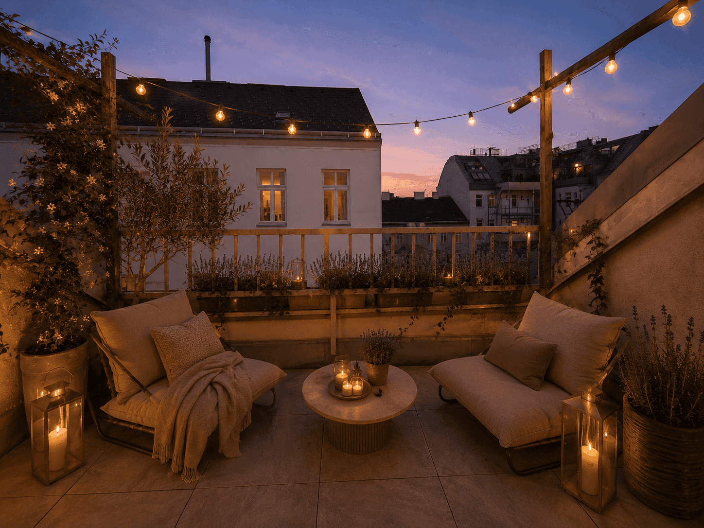 Stimmungsvolle Dachterrasse am Abend mit sanfter Beleuchtung, bequemen Möbeln und Pflanzen für entspannte Stunden.