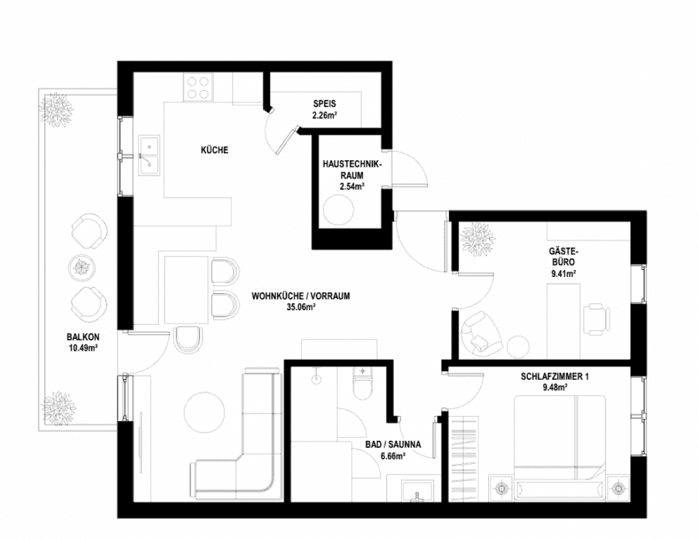 Grundriss einer Wohnung mit Küche, Wohnküche, Schlafzimmer, Gäste-Büro und Bad mit Sauna.