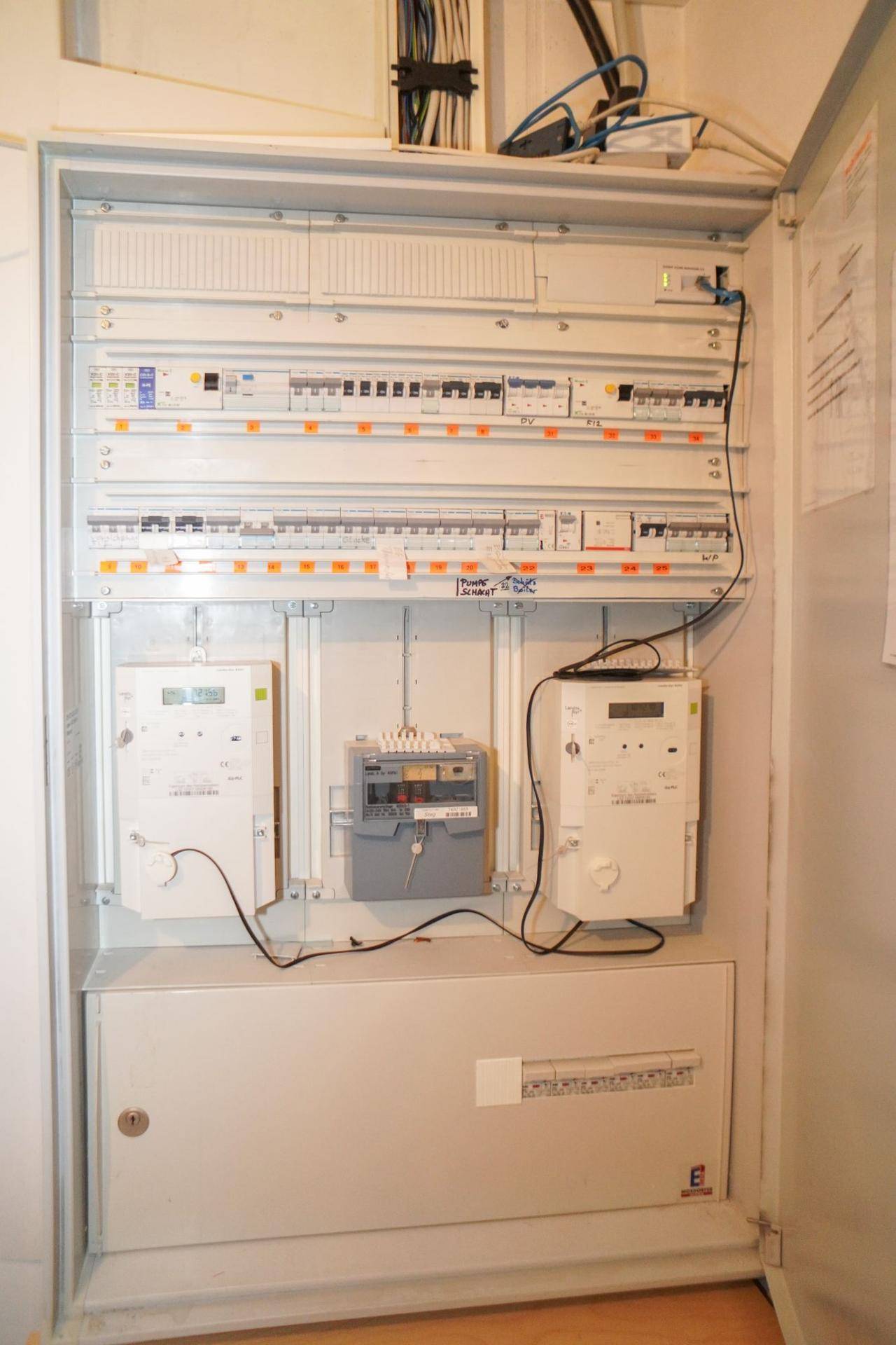 Elektrischer Verteilerkasten im Technikraum mit Sicherungen und Zählern.