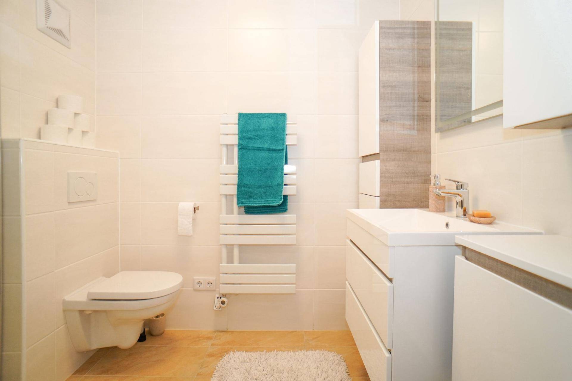 Modernes Badezimmer im Untergeschoss mit Dusche, WC und beheiztem Handtuchhalter.