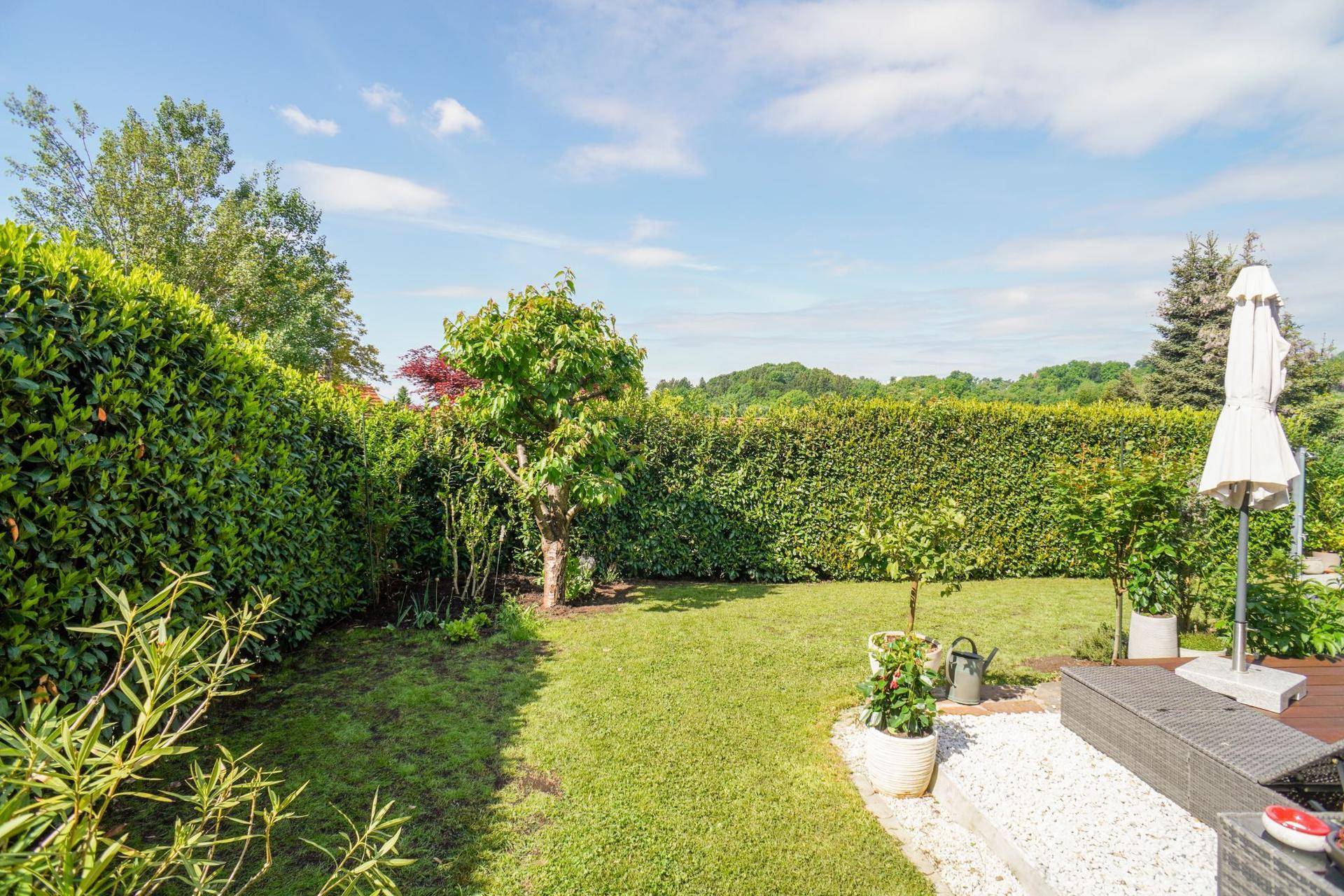Großer, gepflegter Gartenbereich mit Rasenfläche und hoher Hecke für Privatsphäre.