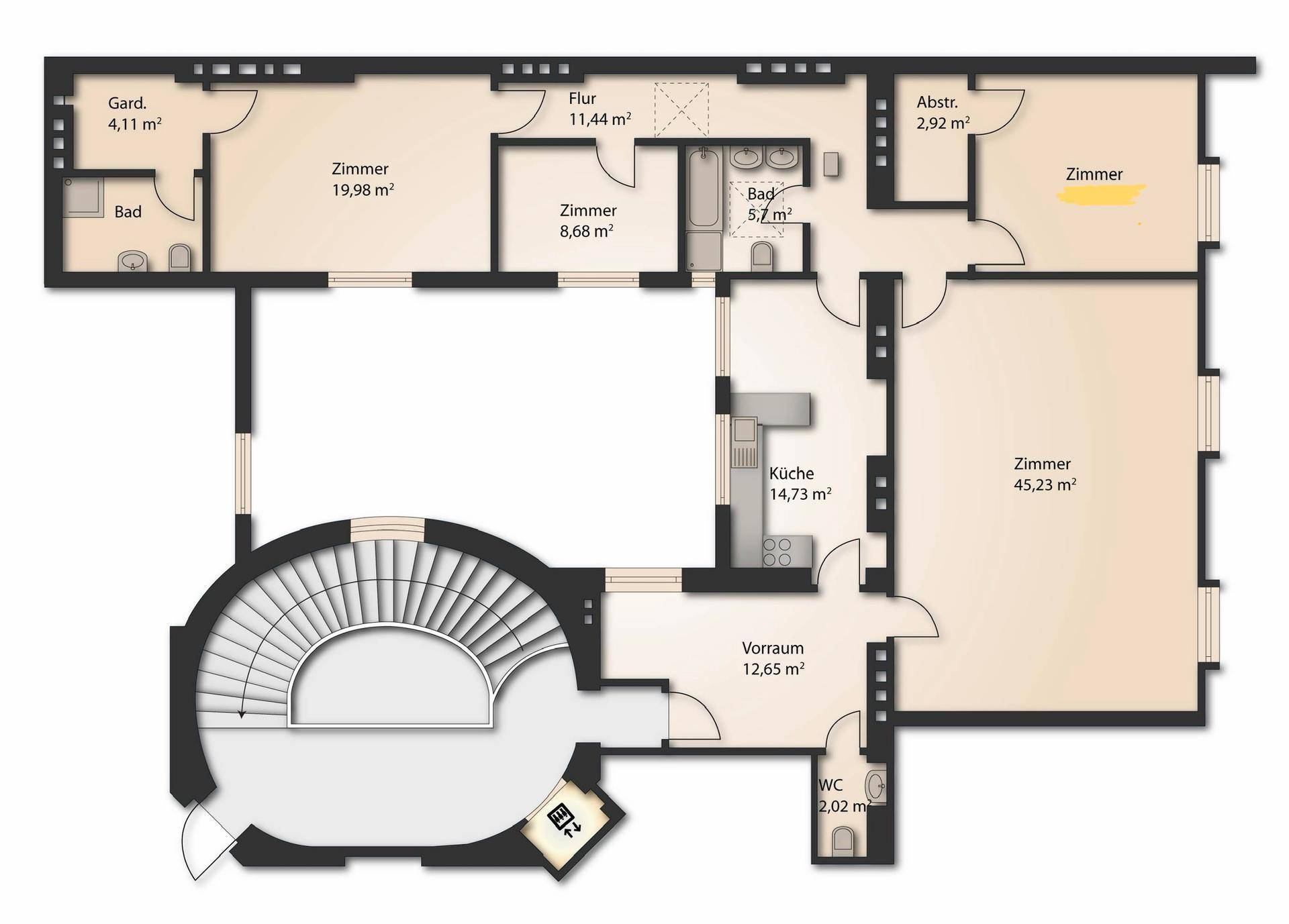Detaillierter Grundriss einer Wohnung mit mehreren Zimmern, zwei Bädern, separatem WC und einer Wendeltreppe.