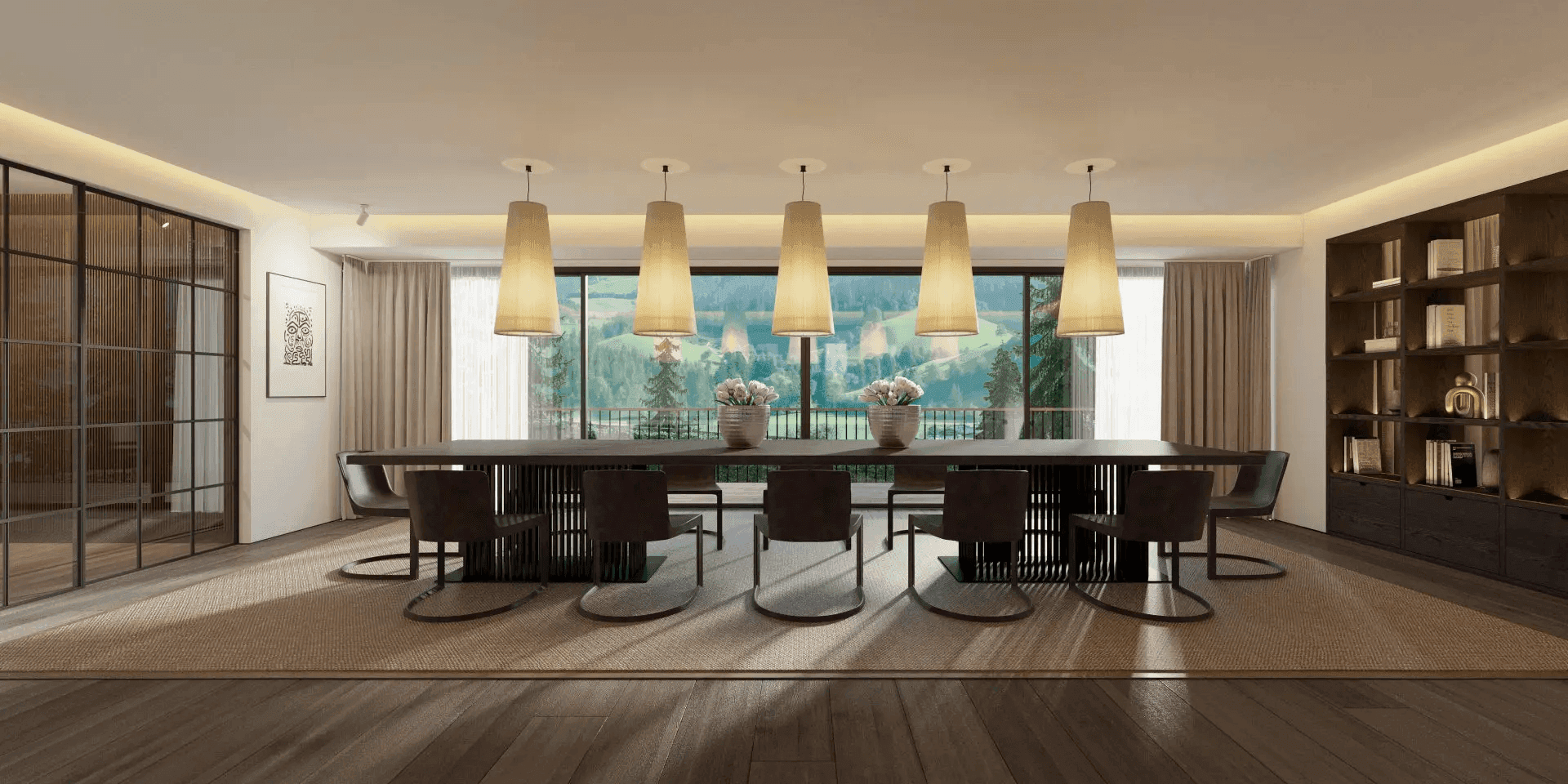 Eleganter Essbereich mit langem Holztisch, modernen Pendelleuchten und Panoramablick.