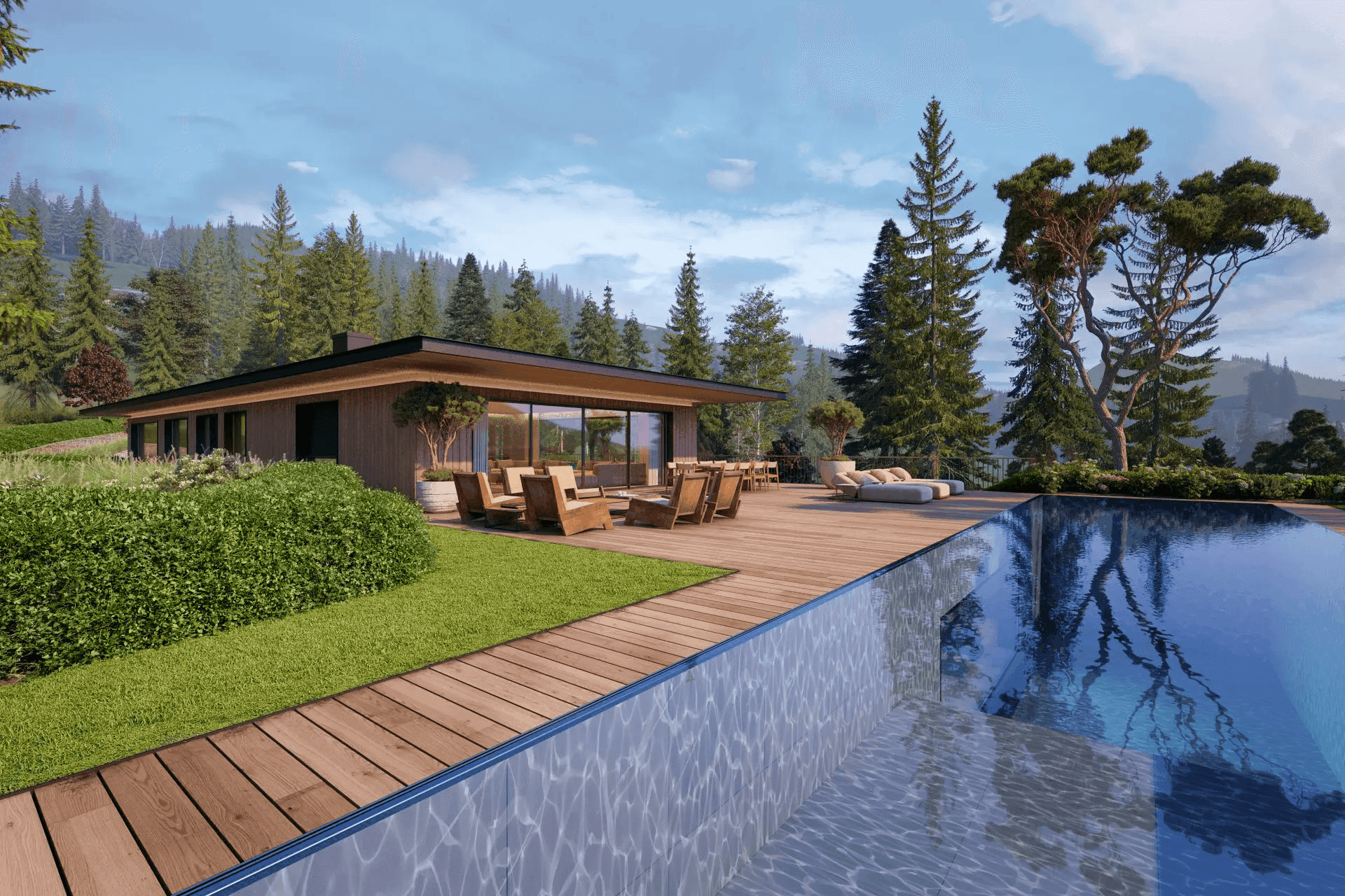 Panoramablick auf die moderne Villa mit Holzterrasse, Pool und umgebender Natur.