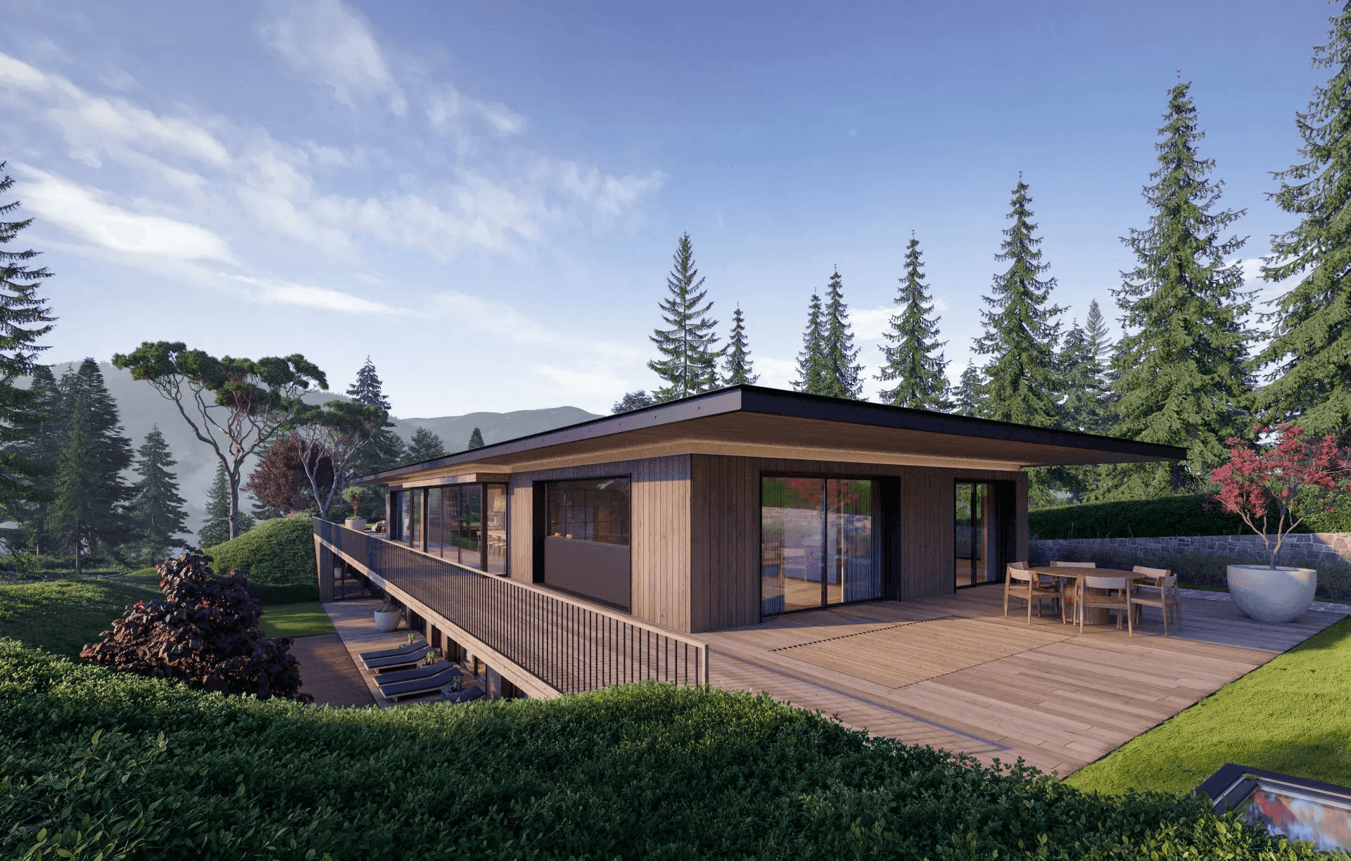 Moderne Holzfassade der Villa mit großer Terrasse und Essbereich im Freien.