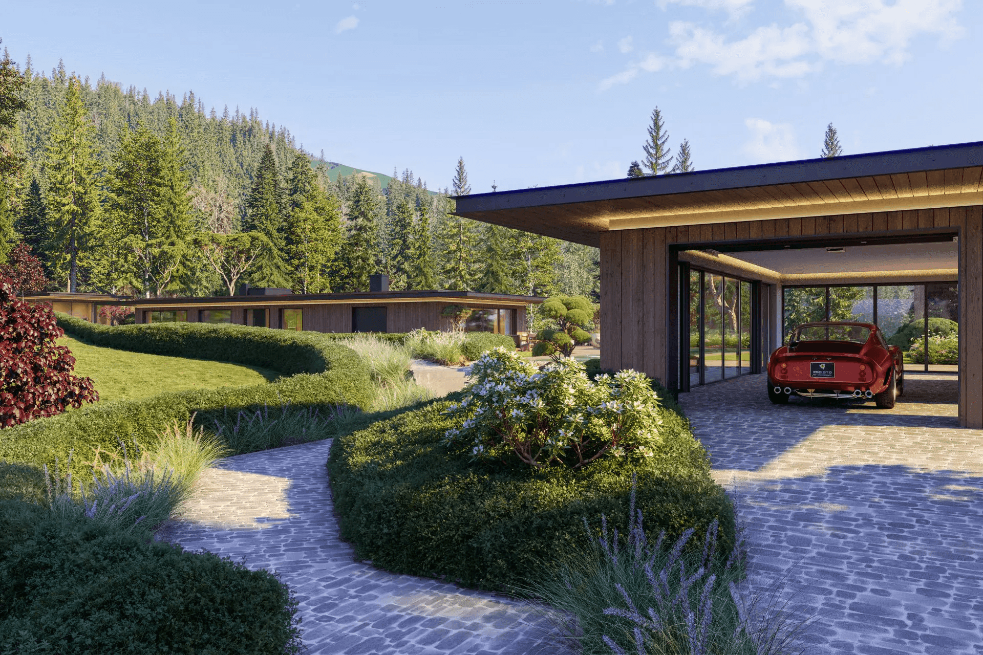 Offene Garage mit Sportwagen und gepflegter Gartenanlage mit geschwungenen Wegen.