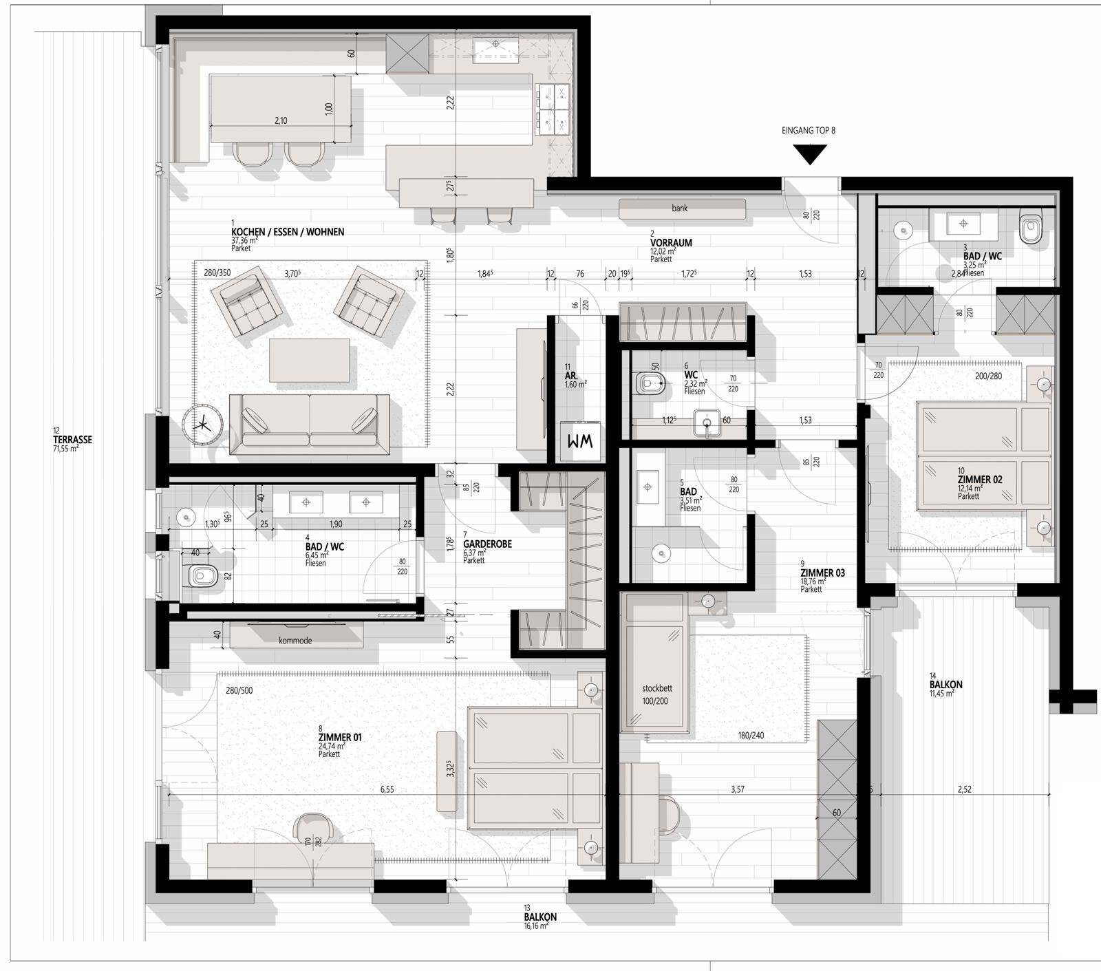 Detaillierter Grundriss einer Wohnung mit mehreren Zimmern, Bädern und Balkonen.