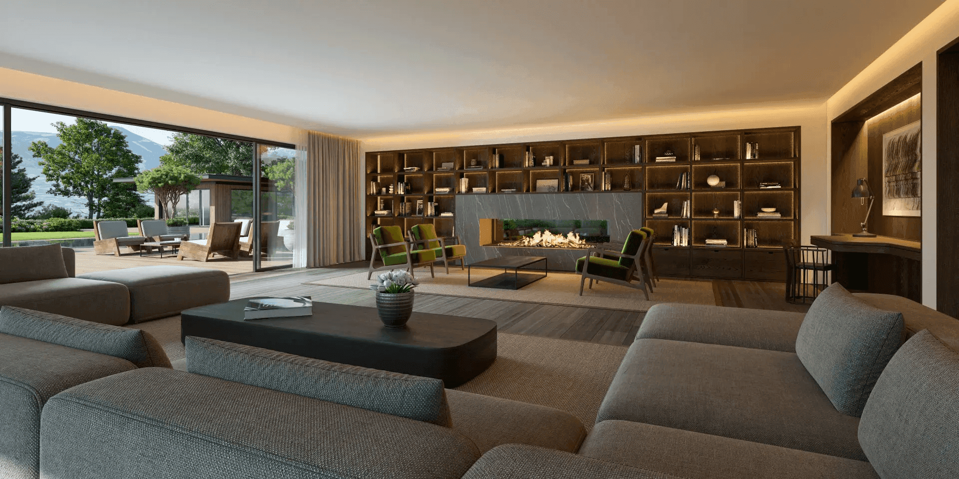 Modernes Wohnzimmer mit integriertem Kamin, Bücherregal und Zugang zur Außenterrasse.