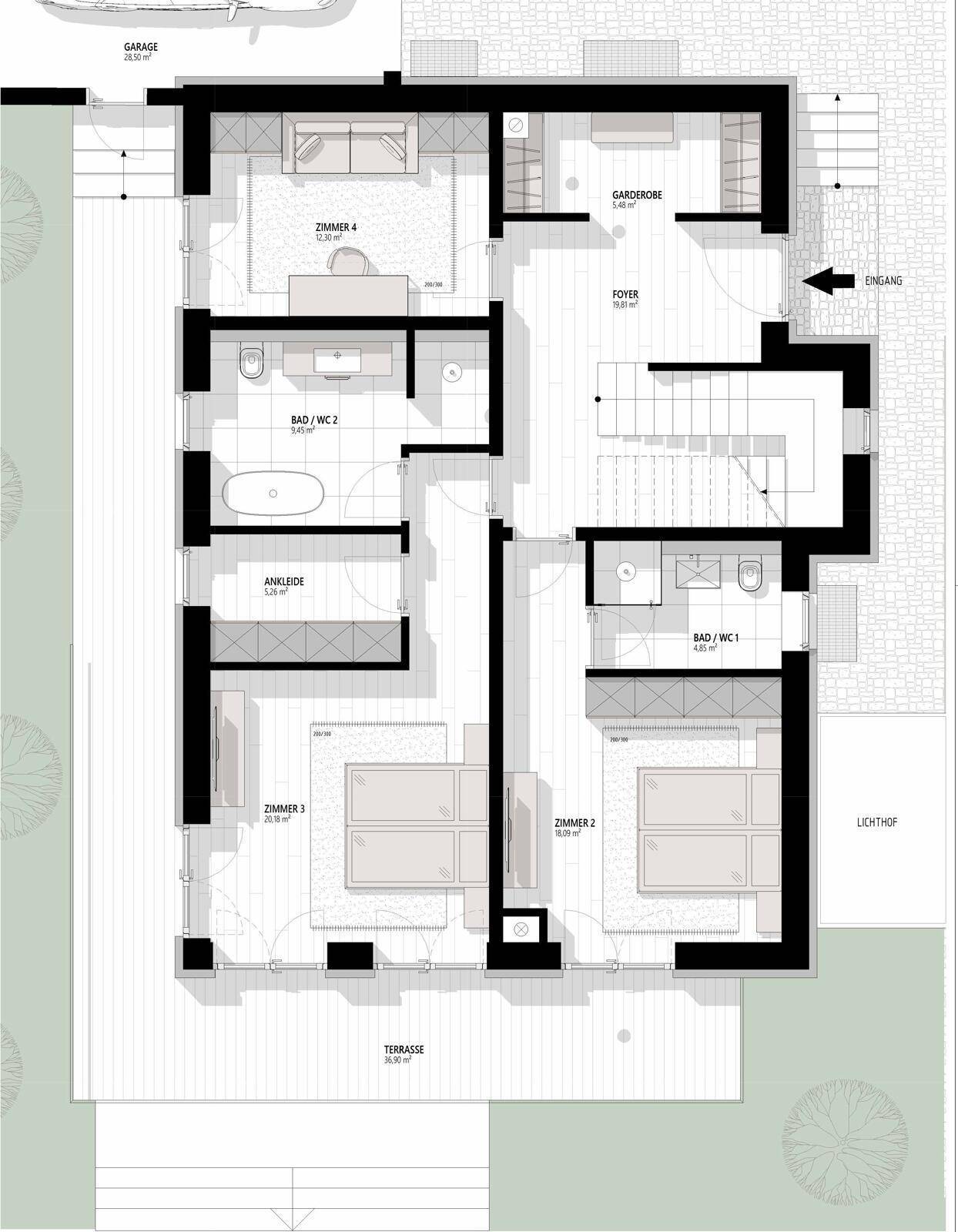 Grundriss des Erdgeschosses mit Schlafzimmern, Bädern und großer Terrasse.