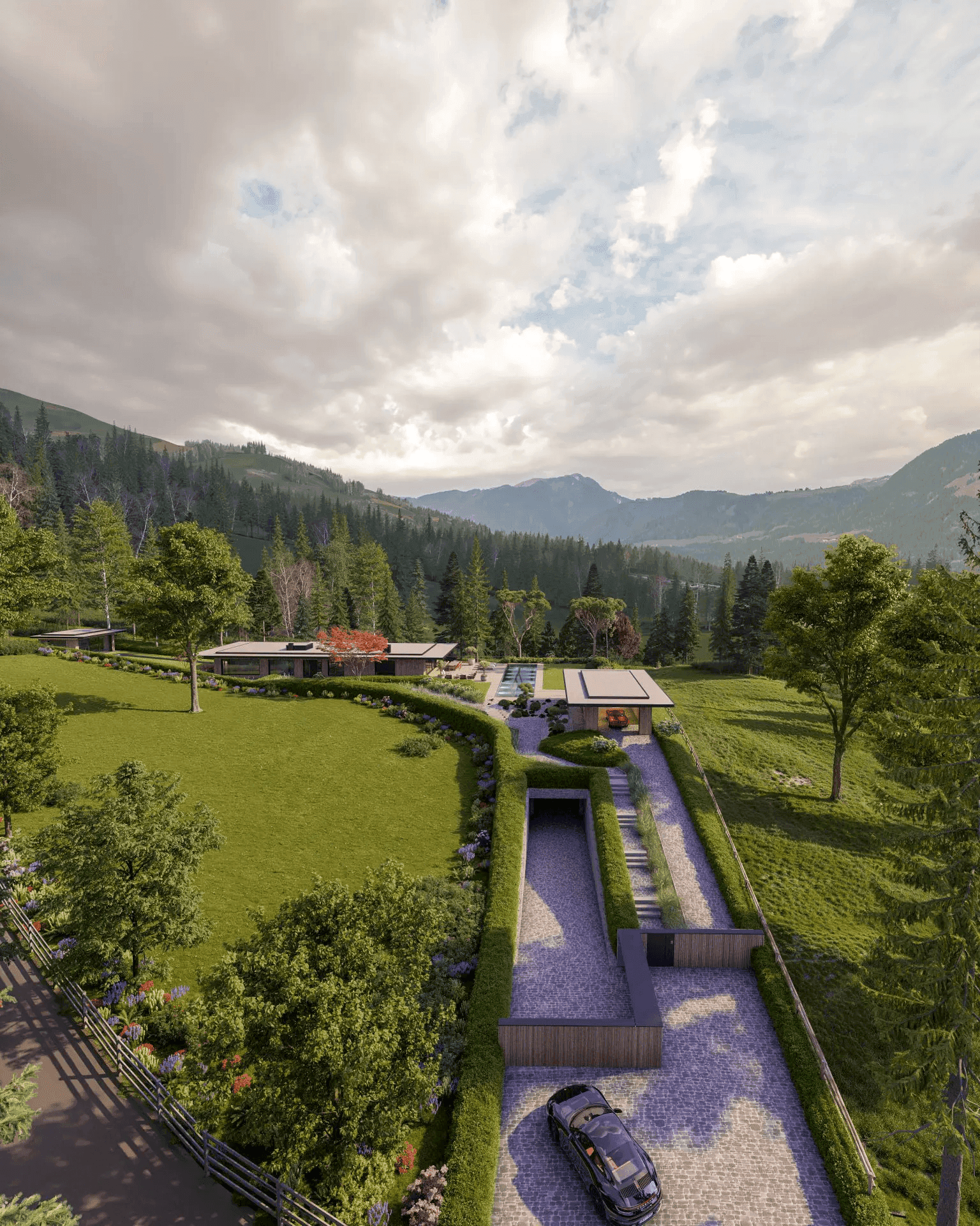 Luftaufnahme des luxuriösen Anwesens mit weitläufiger Auffahrt und Bergblick bei Tageslicht.