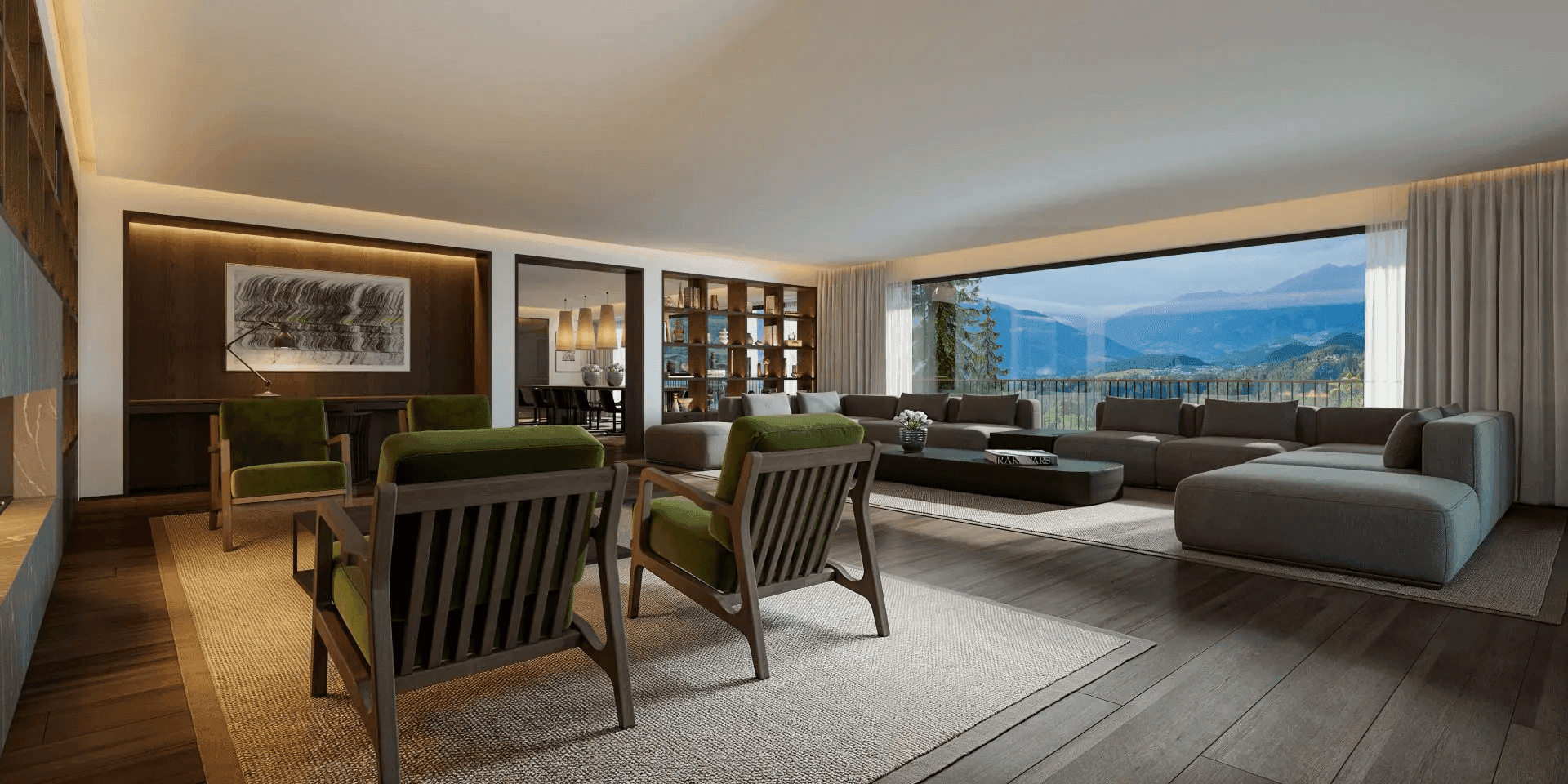 Geräumiges Wohnzimmer mit bodentiefen Fenstern, Holzboden und atemberaubendem Bergblick.