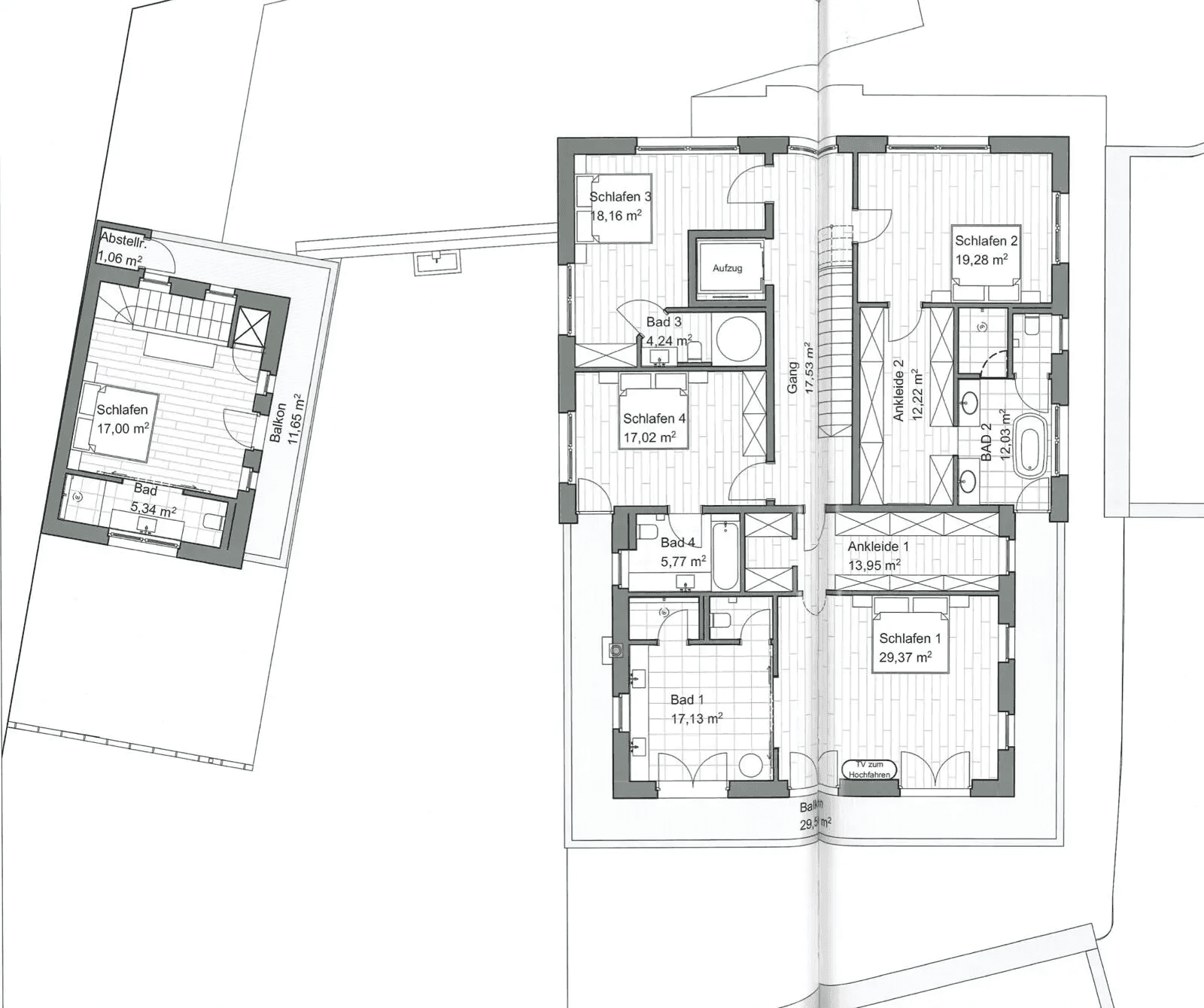 Grundriss des Obergeschosses mit mehreren Schlafzimmern, Bädern und begehbaren Kleiderschränken.