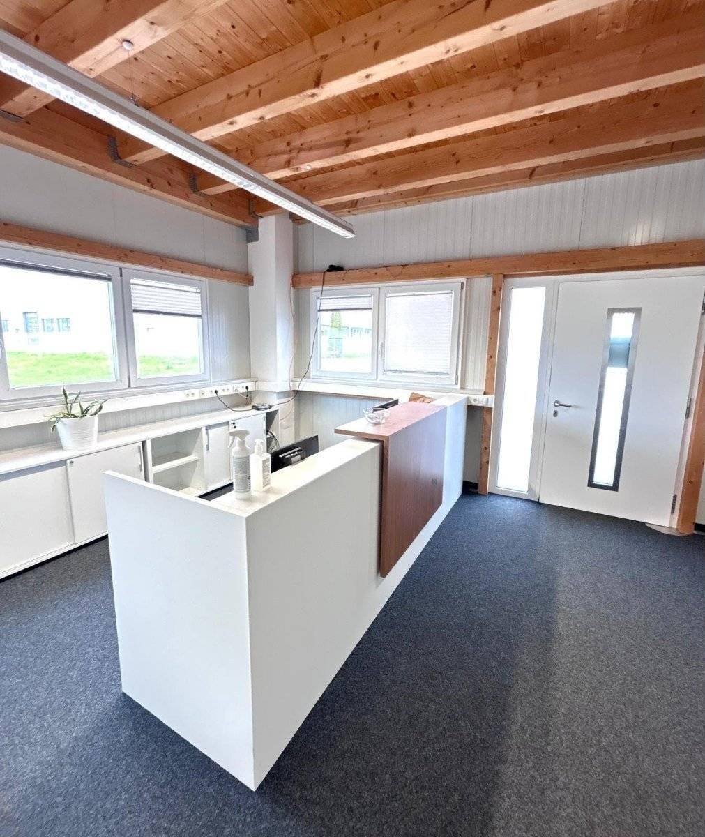 Heller Empfangsbereich mit moderner Theke, Holzbalkendecke und großen Fenstern, die viel Licht hereinlassen.
