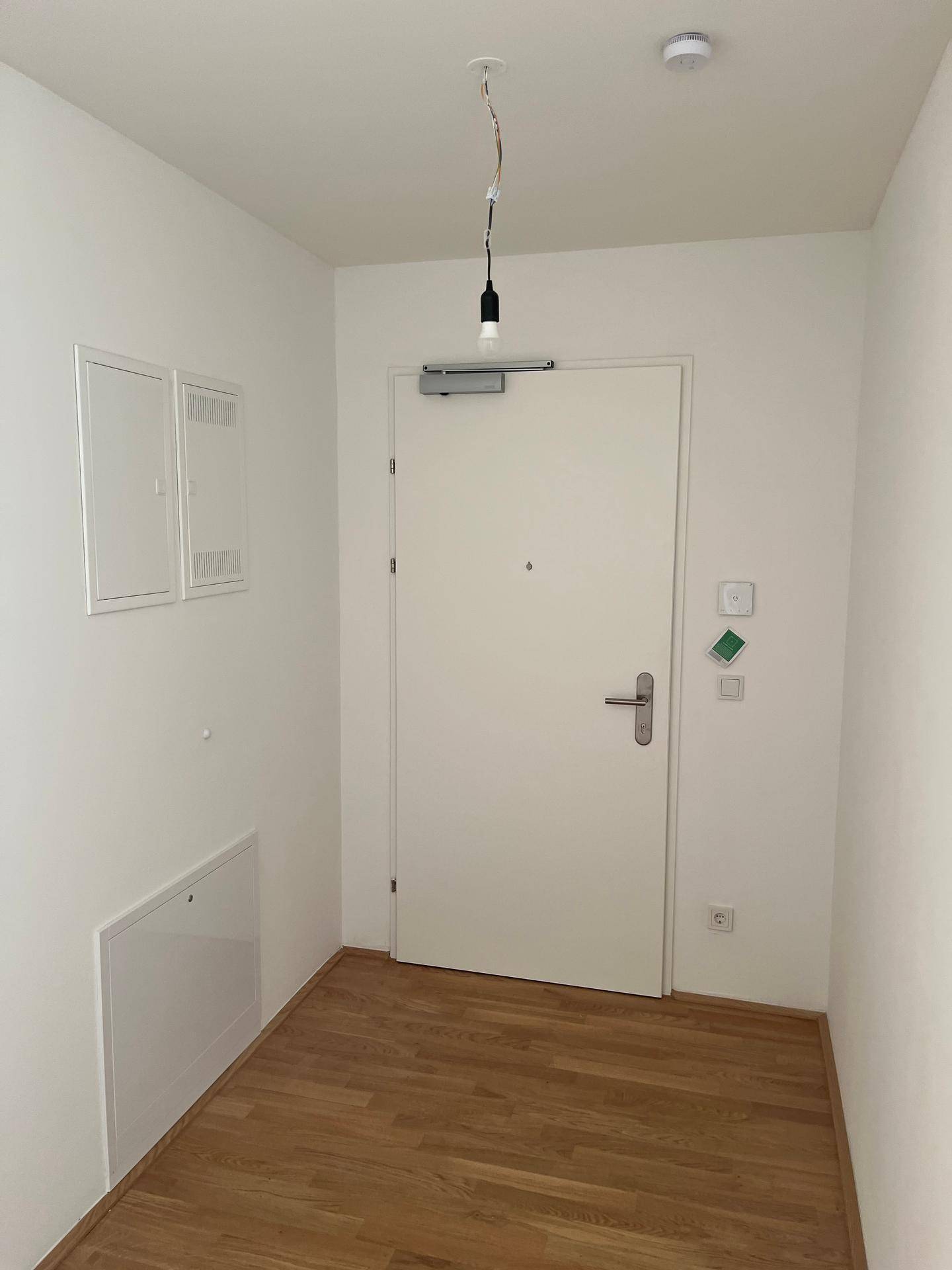 Heller Eingangsbereich mit Parkettboden und weißer Tür, einladend und funktional.