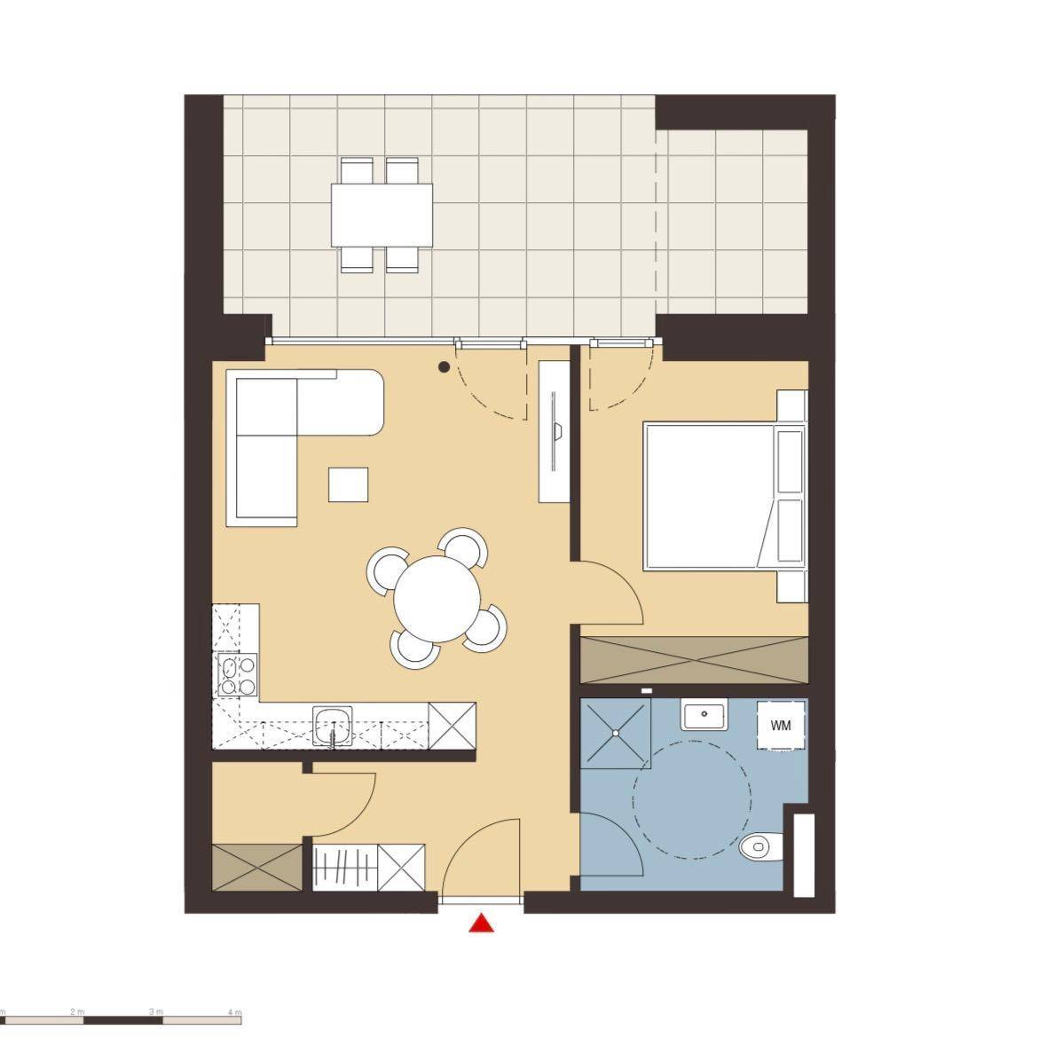 Grundriss einer Wohnung mit offenem Wohnbereich, Schlafzimmer, Bad und großer Terrasse.