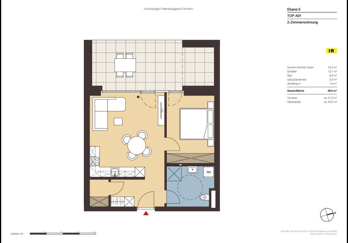 Detaillierter Grundriss einer 2-Zimmer-Wohnung mit Terrasse und Gartenanteil.