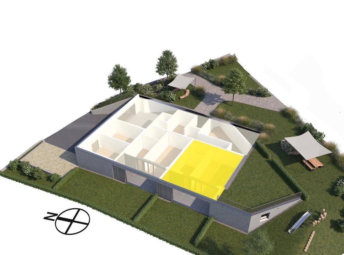 3D-Grundrissdarstellung eines Gebäudes mit hervorgehobener Wohneinheit und Außenbereich.