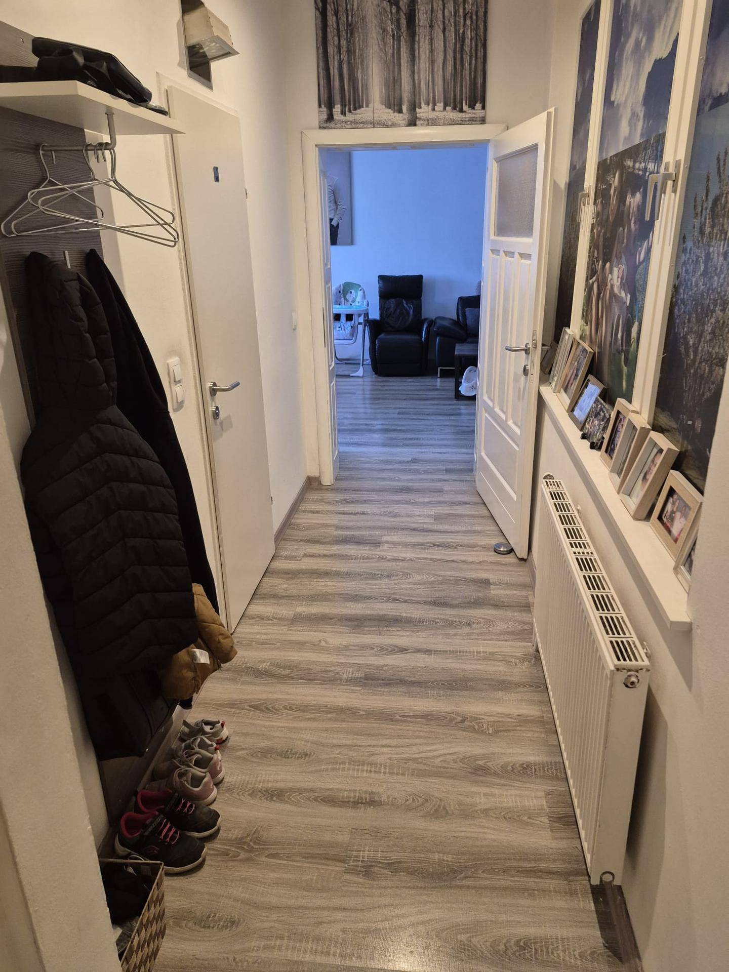 Heller Flur mit Laminatboden, Garderobe und Blick in den angrenzenden Wohnbereich.