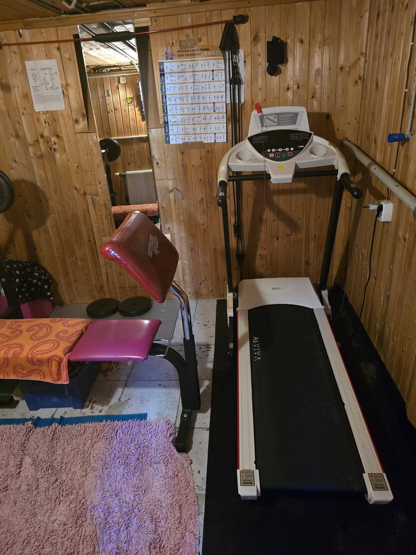 Keller-Fitnessraum mit Laufband und Hantelbank, umgeben von Holzverkleidung.