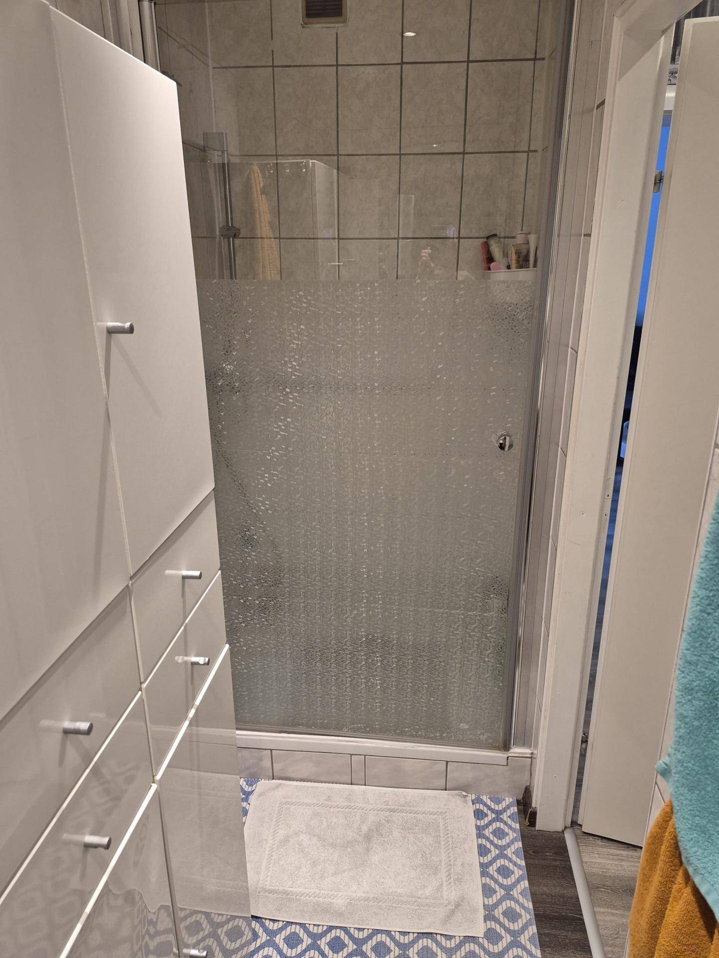 Duschbereich im Badezimmer mit Milchglas-Duschkabine und hellen Fliesen an den Wänden.